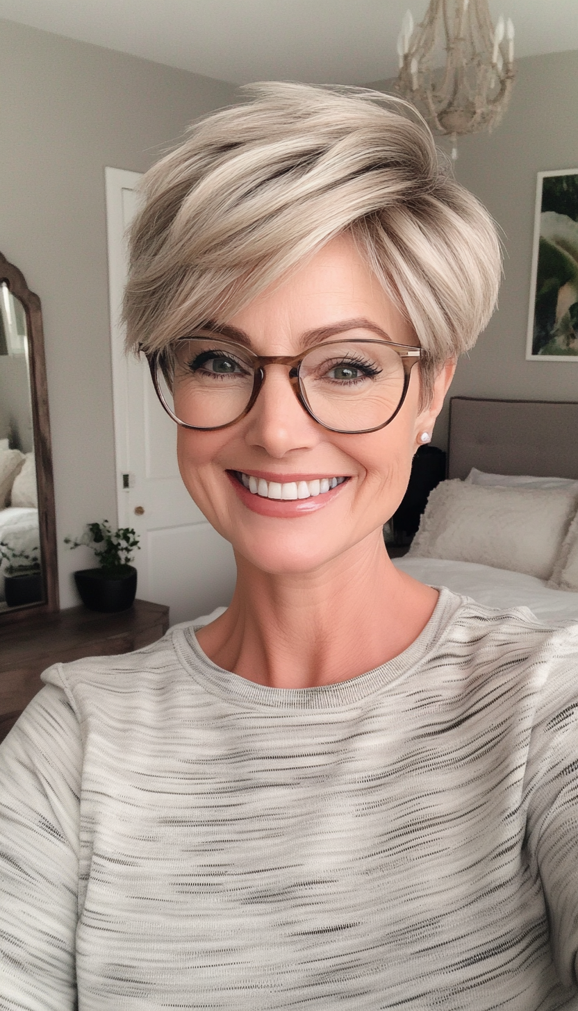 7. Ash Blonde Layered Pixie (Short Hairstyles For Women Over 60 With Glasses) - Short Hairstyles For Women Over 60 With Glasses