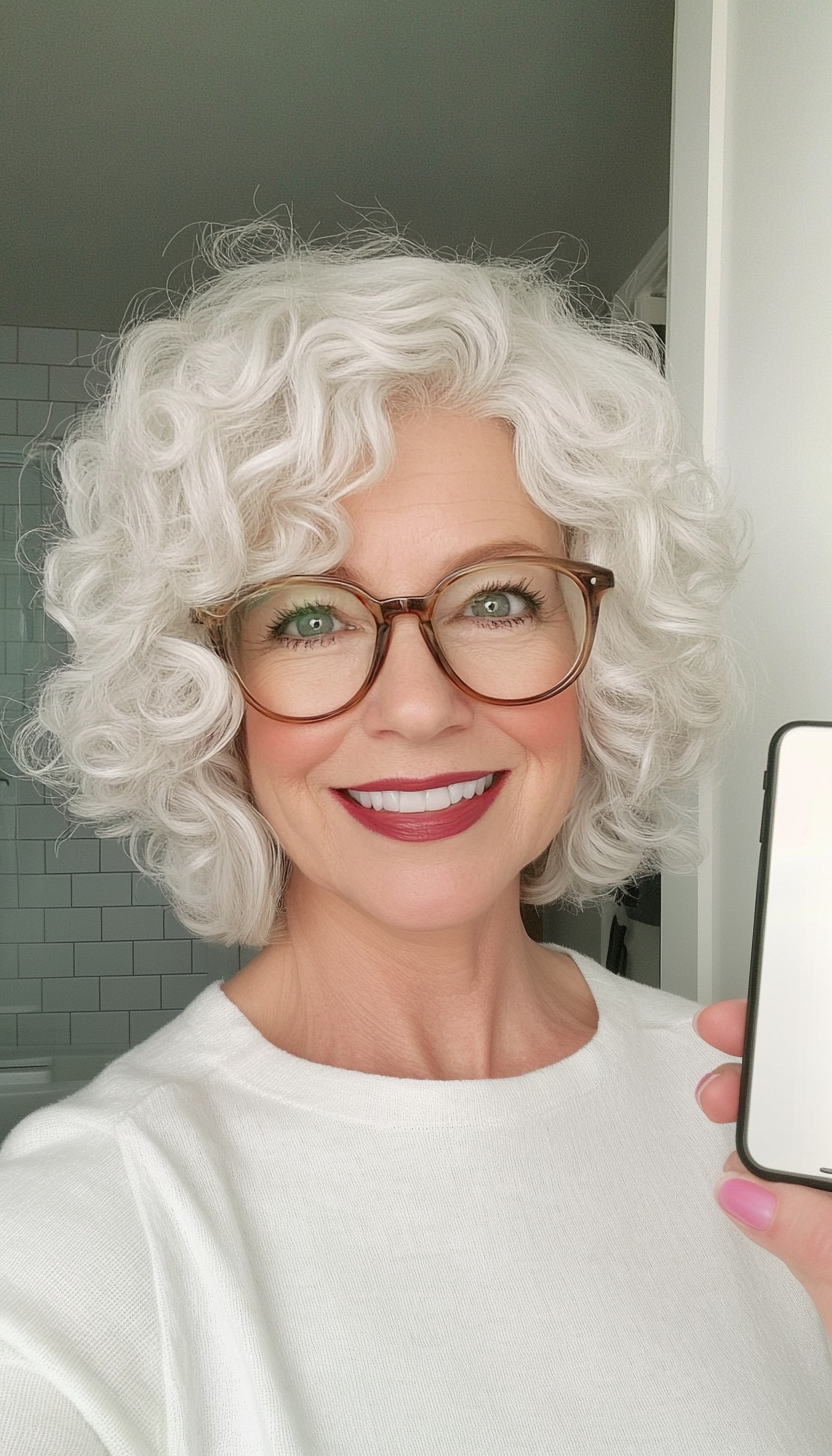 8. Curly Snow-White Bob (Short Hairstyles For Women Over 60 With Glasses) - Short Hairstyles For Women Over 60 With Glasses