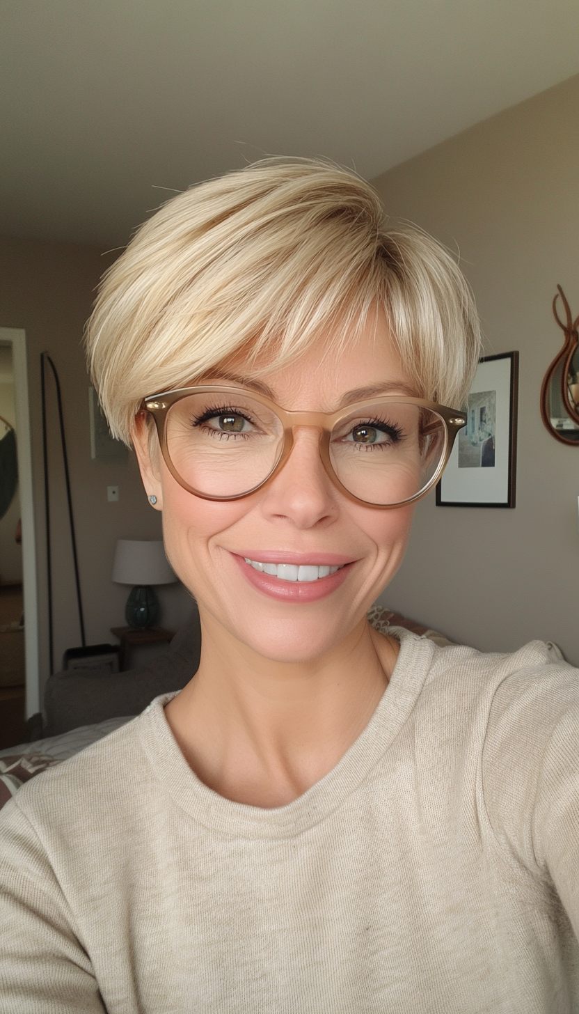 9. Honey Blonde Side-Swept Pixie (Short Hairstyles For Women Over 60 With Glasses) - Short Hairstyles For Women Over 60 With Glasses