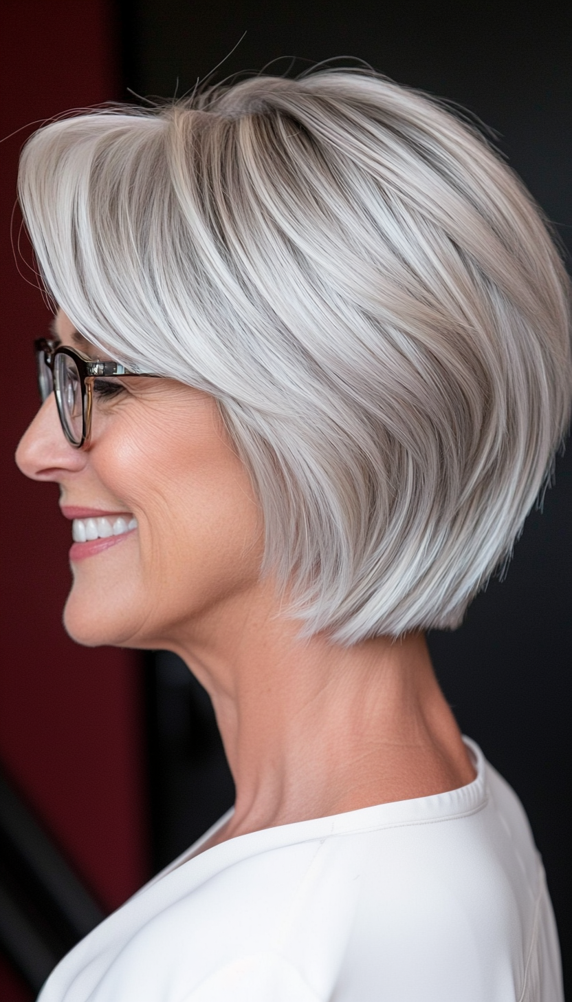 10. Icy Platinum Layered Bob (Short Hairstyles For Women Over 60 With Glasses) - Short Hairstyles For Women Over 60 With Glasses