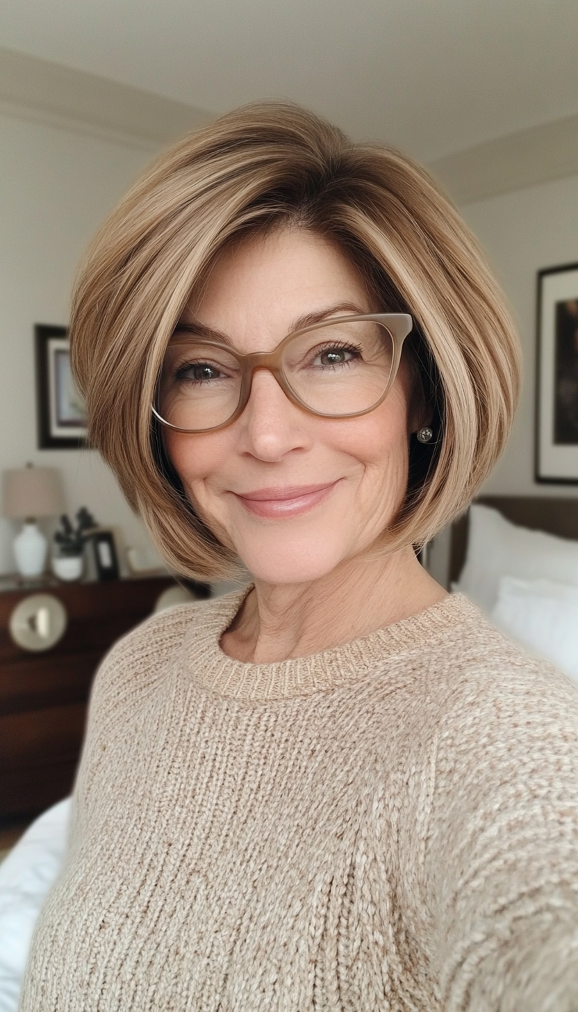 12. Warm Caramel Feathered Bob (Short Hairstyles For Women Over 60 With Glasses) - Short Hairstyles For Women Over 60 With Glasses