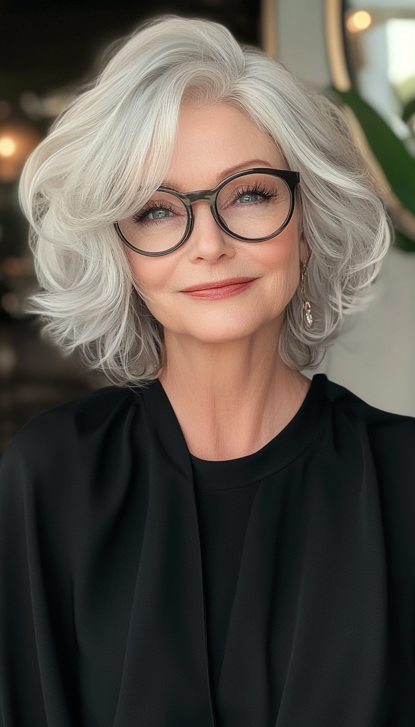 13. Pearl Gray Wavy Bob (Short Hairstyles For Women Over 60 With Glasses) - Short Hairstyles For Women Over 60 With Glasses