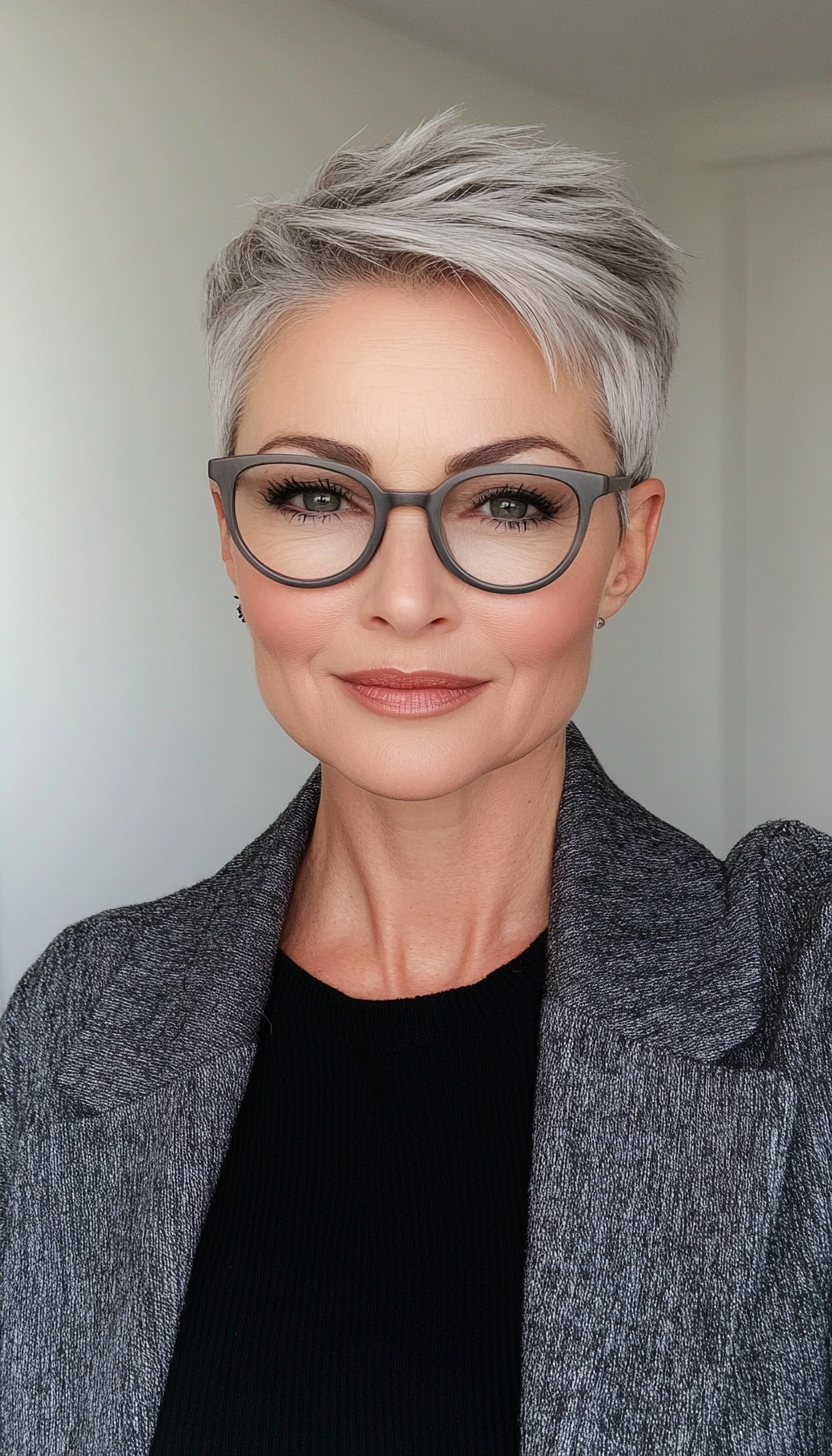 21. Cool Steel Gray Pixie (Short Hairstyles For Women Over 60 With Glasses) - Short Hairstyles For Women Over 60 With Glasses