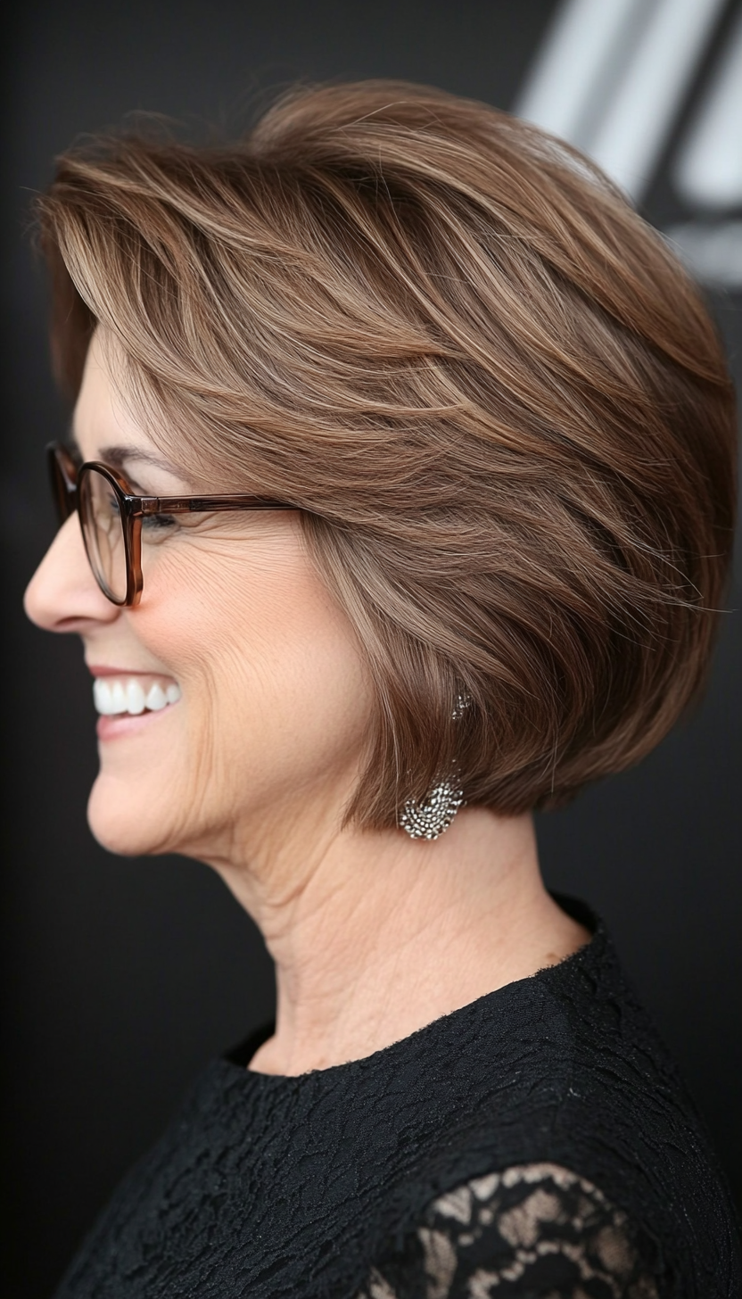 22. Chestnut Brown Wispy Bob (Short Hairstyles For Women Over 60 With Glasses) - Short Hairstyles For Women Over 60 With Glasses