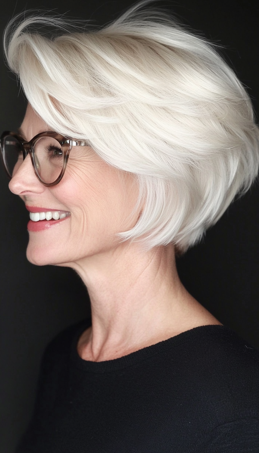 25. Soft Pearl Blonde Feathered Bob (Short Hairstyles For Women Over 60 With Glasses) - Short Hairstyles For Women Over 60 With Glasses
