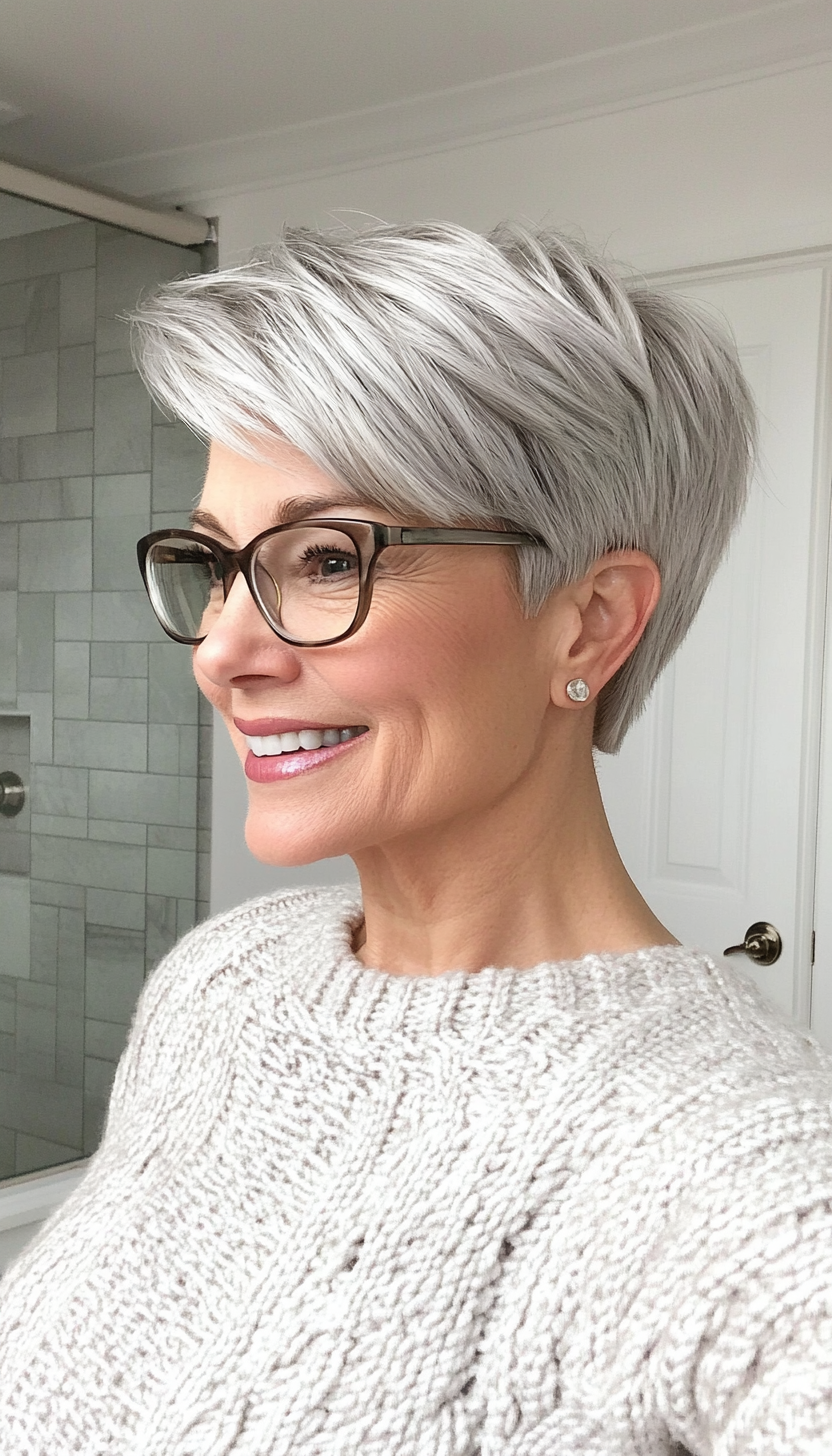 26. Muted Silver Choppy Pixie (Short Hairstyles For Women Over 60 With Glasses) - Short Hairstyles For Women Over 60 With Glasses