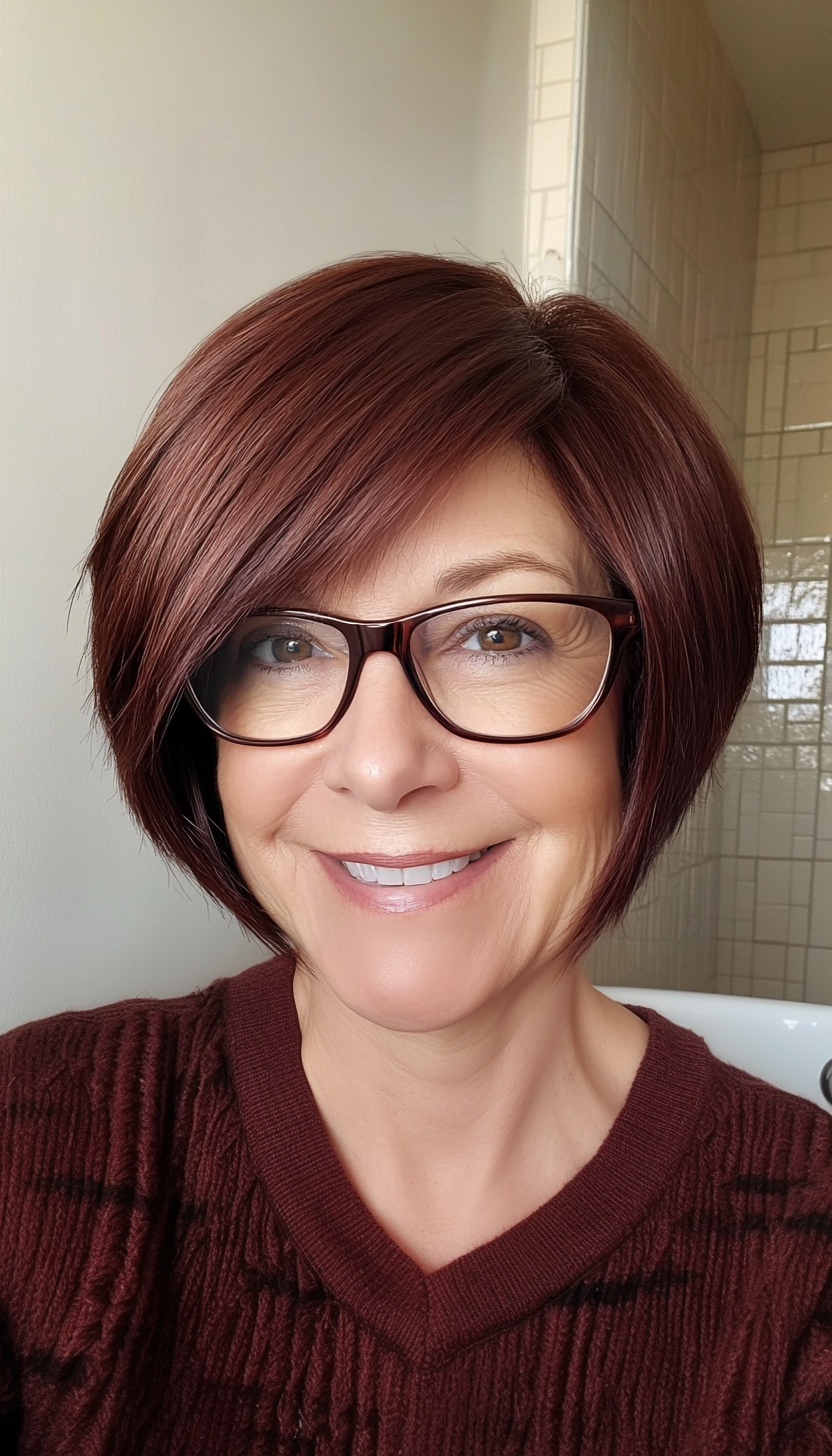 27. Rich Mahogany Layered Bob (Short Hairstyles For Women Over 60 With Glasses) - Short Hairstyles For Women Over 60 With Glasses
