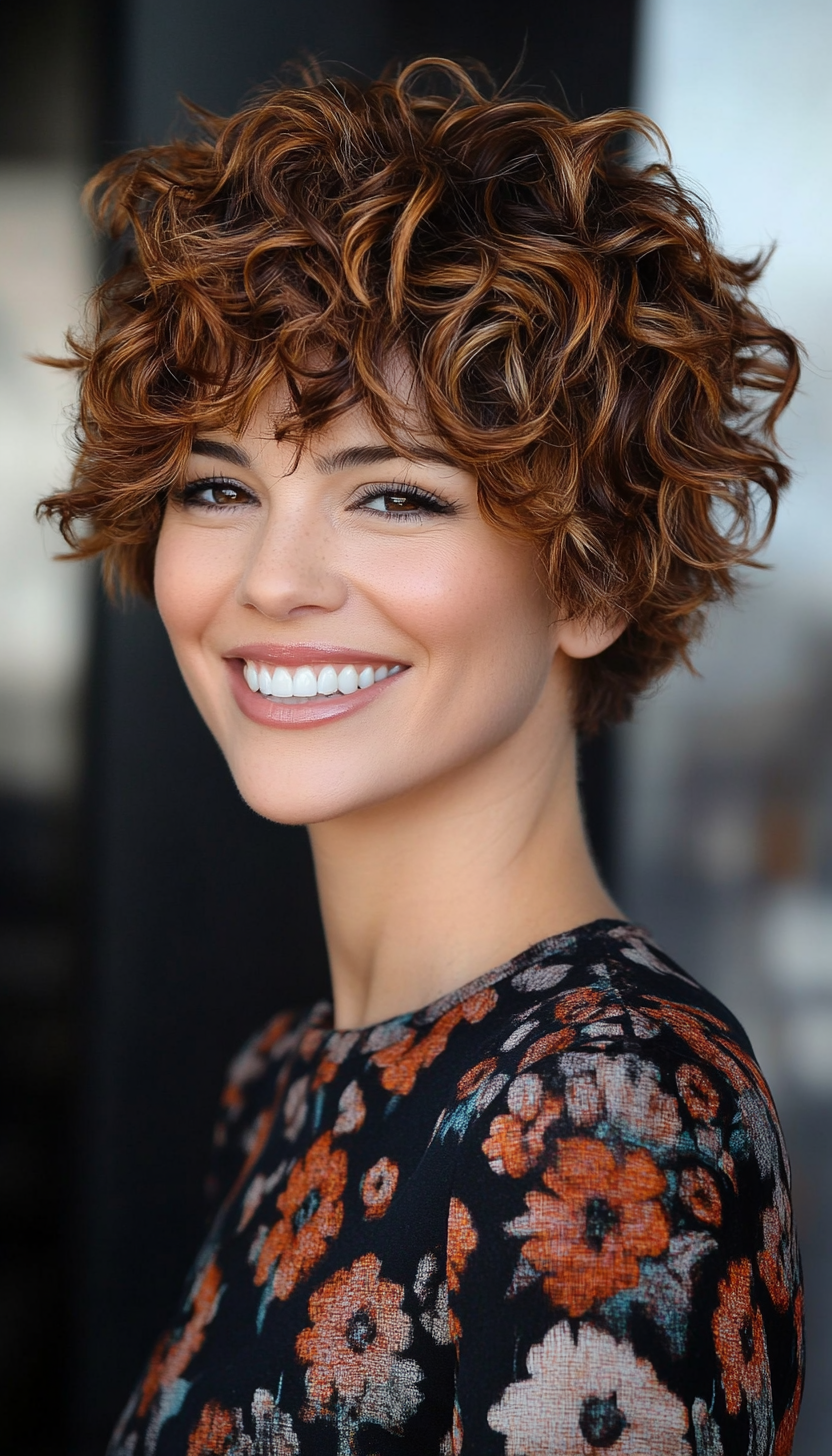 2. Layered Pixie with Auburn Highlights (Pixie Hairstyles For Curly Hair) - Pixie Hairstyles For Curly Hair