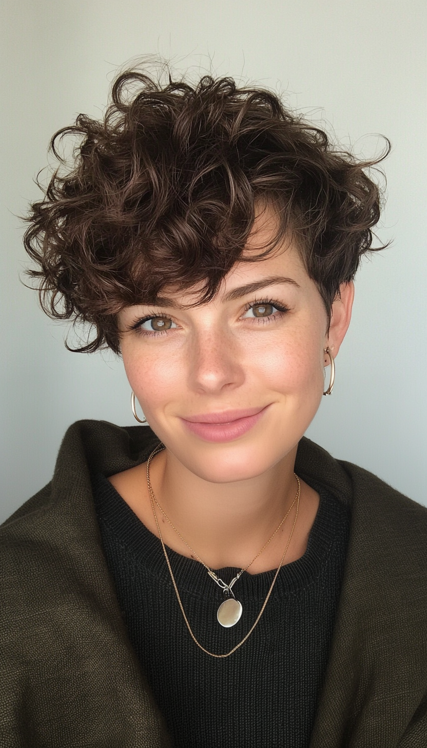 4. Asymmetrical Curly Pixie in Dark Chocolate (Pixie Hairstyles For Curly Hair) - Pixie Hairstyles For Curly Hair