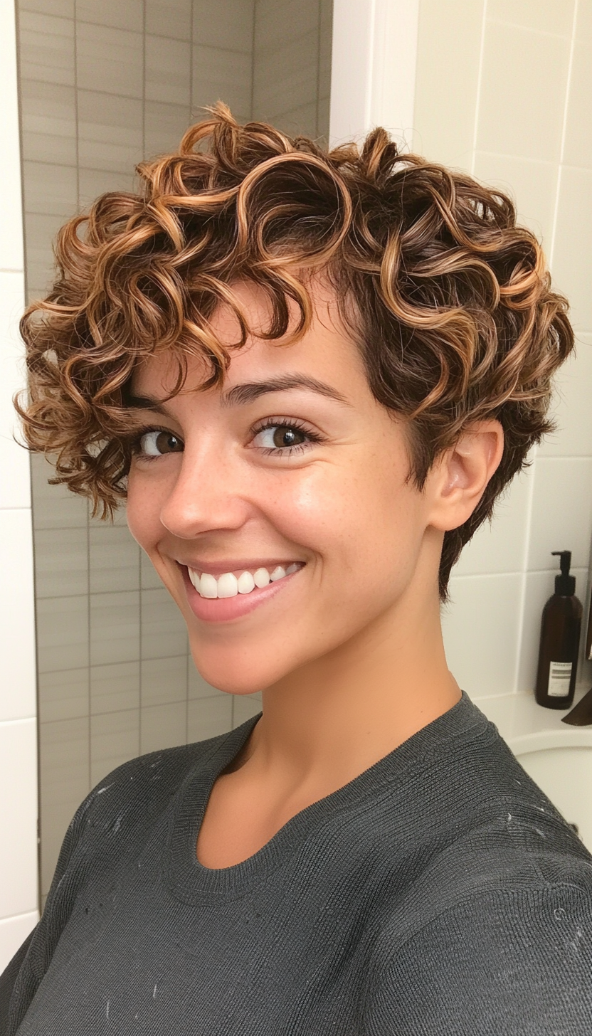 5. Curly Pixie with Caramel Balayage (Pixie Hairstyles For Curly Hair) - Pixie Hairstyles For Curly Hair