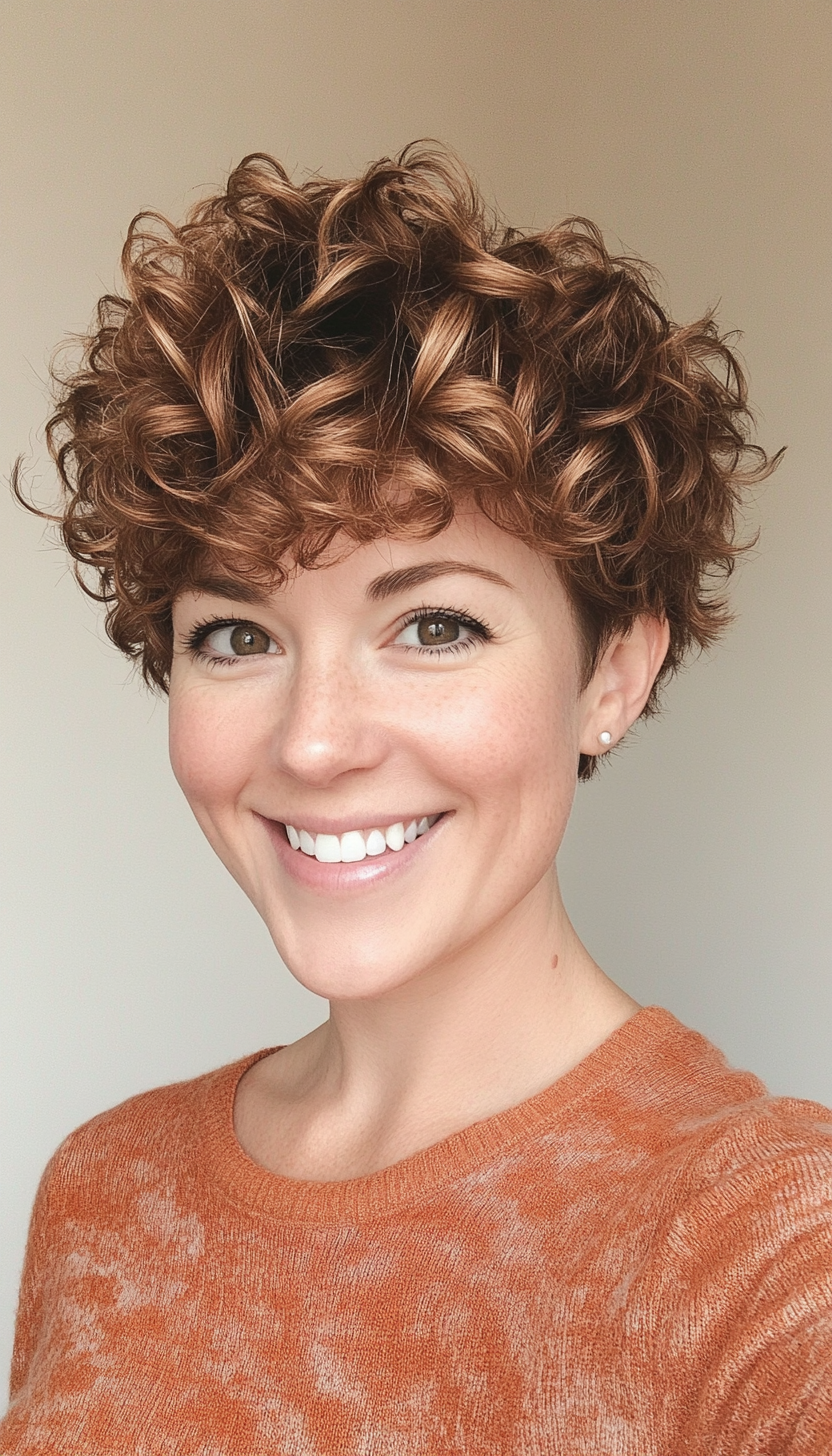 8. Textured Curly Pixie with Sandy Brown Lowlights (Pixie Hairstyles For Curly Hair) - Pixie Hairstyles For Curly Hair