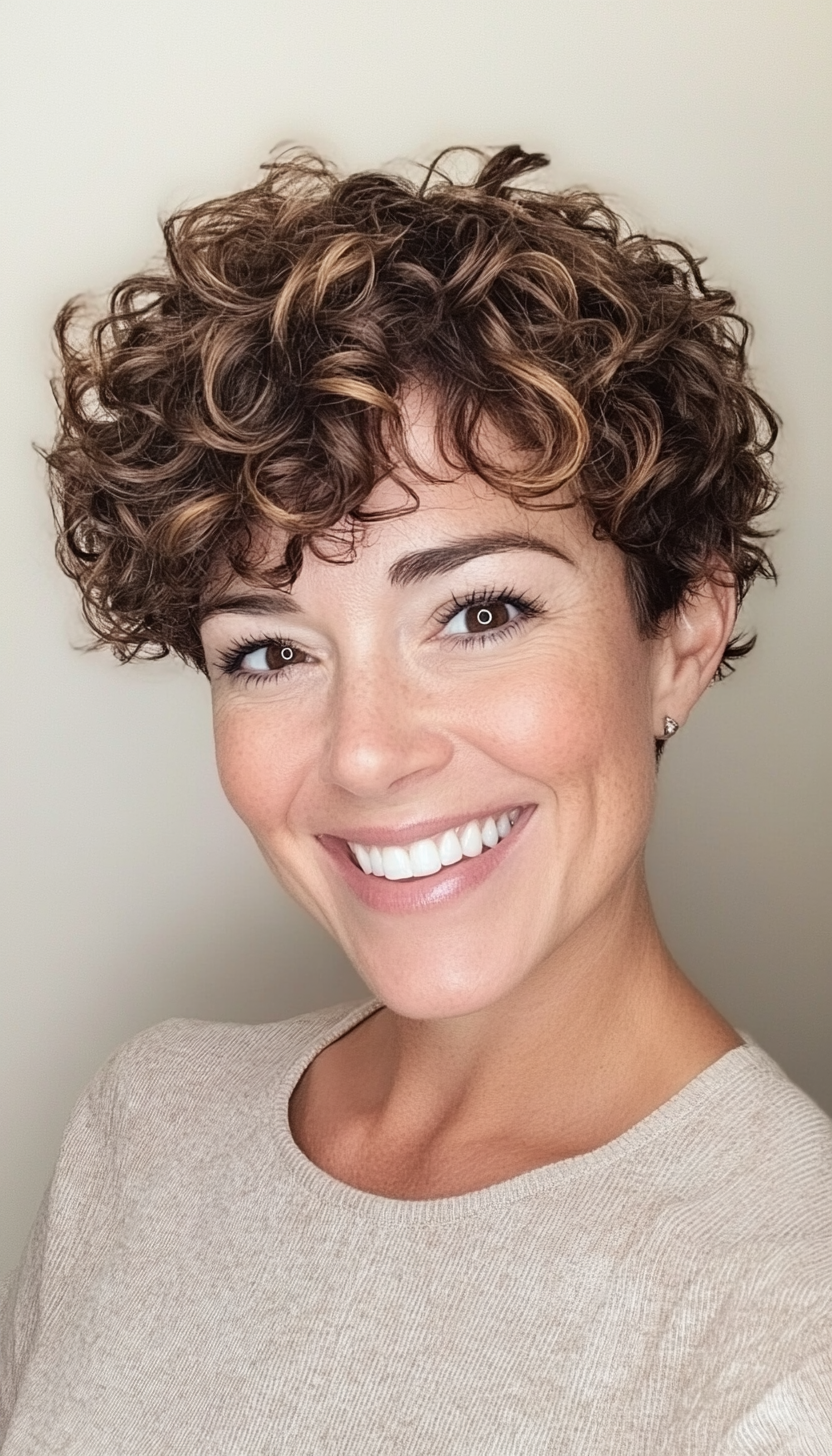 10. Soft Curly Pixie with Golden Brown Highlights (Pixie Hairstyles For Curly Hair) - Pixie Hairstyles For Curly Hair