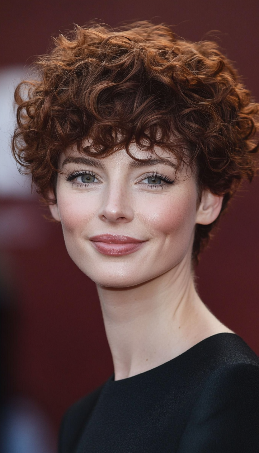 11. Curly Pixie with Swooped Bangs in Mahogany (Pixie Hairstyles For Curly Hair) - Pixie Hairstyles For Curly Hair