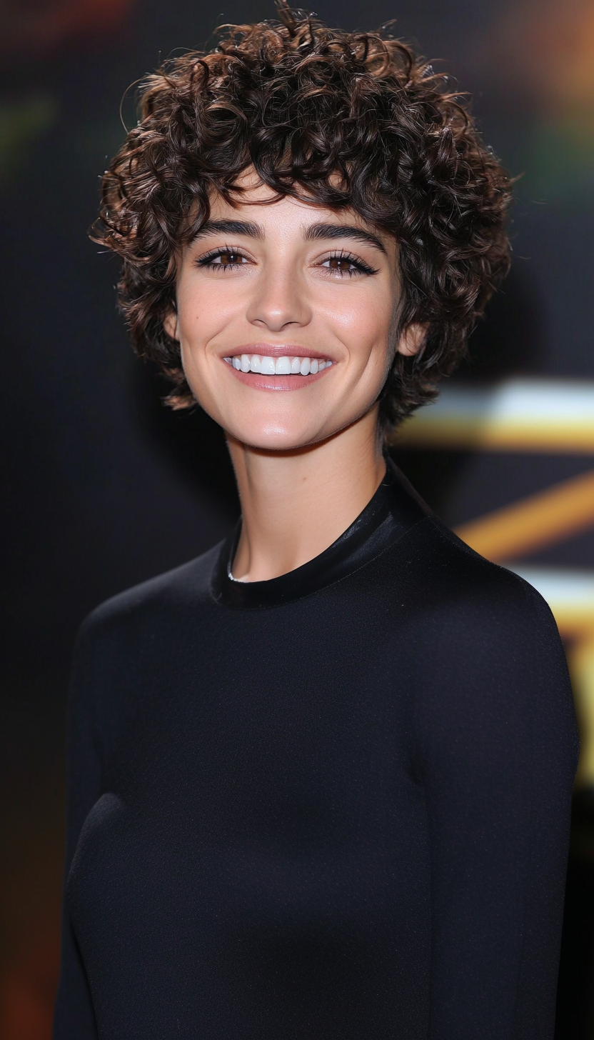 12. Edgy Curly Pixie with Ash Brown Undertones (Pixie Hairstyles For Curly Hair) - Pixie Hairstyles For Curly Hair