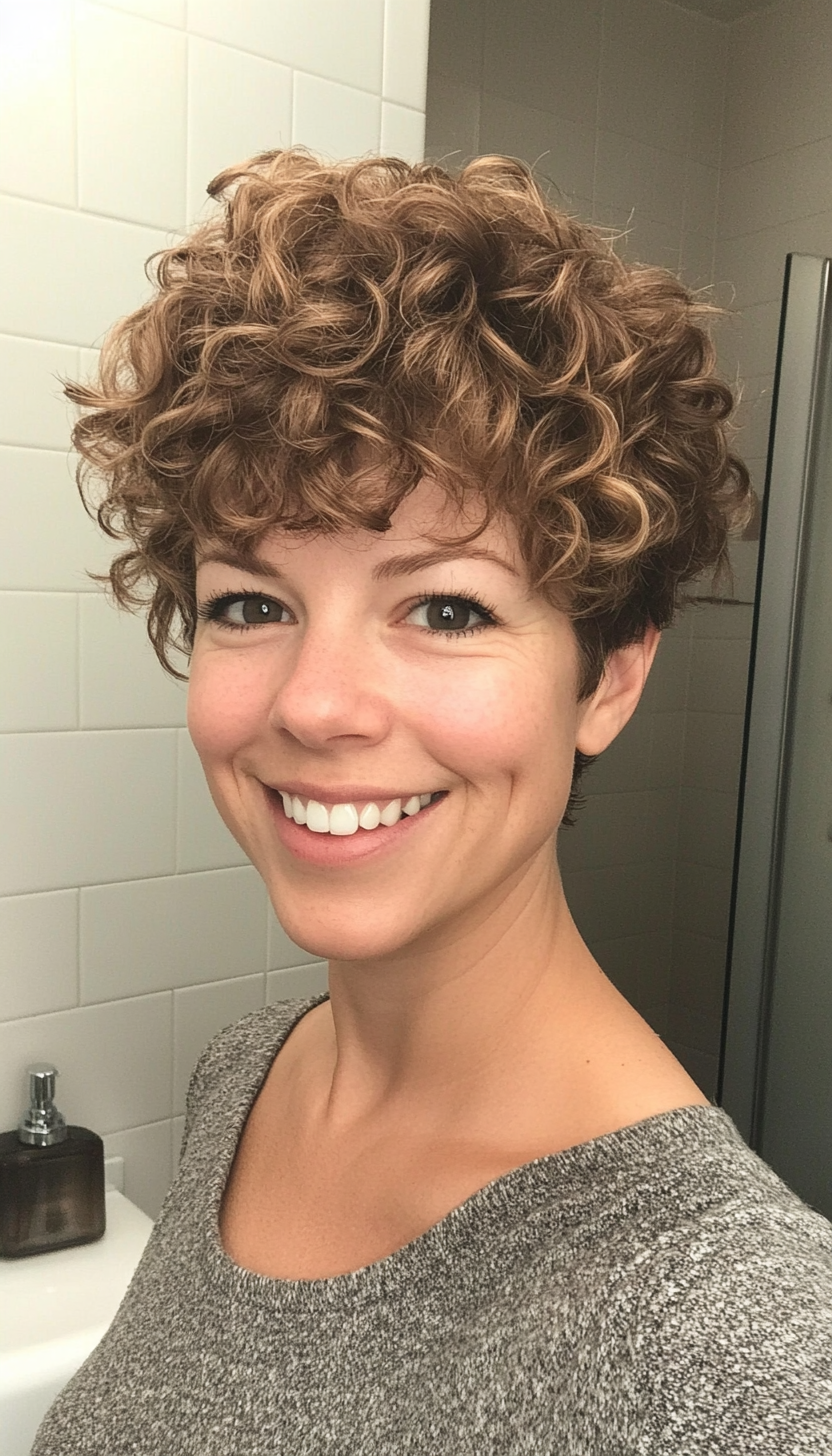 13. Curly Pixie with Feathered Layers in Light Brown (Pixie Hairstyles For Curly Hair) - Pixie Hairstyles For Curly Hair