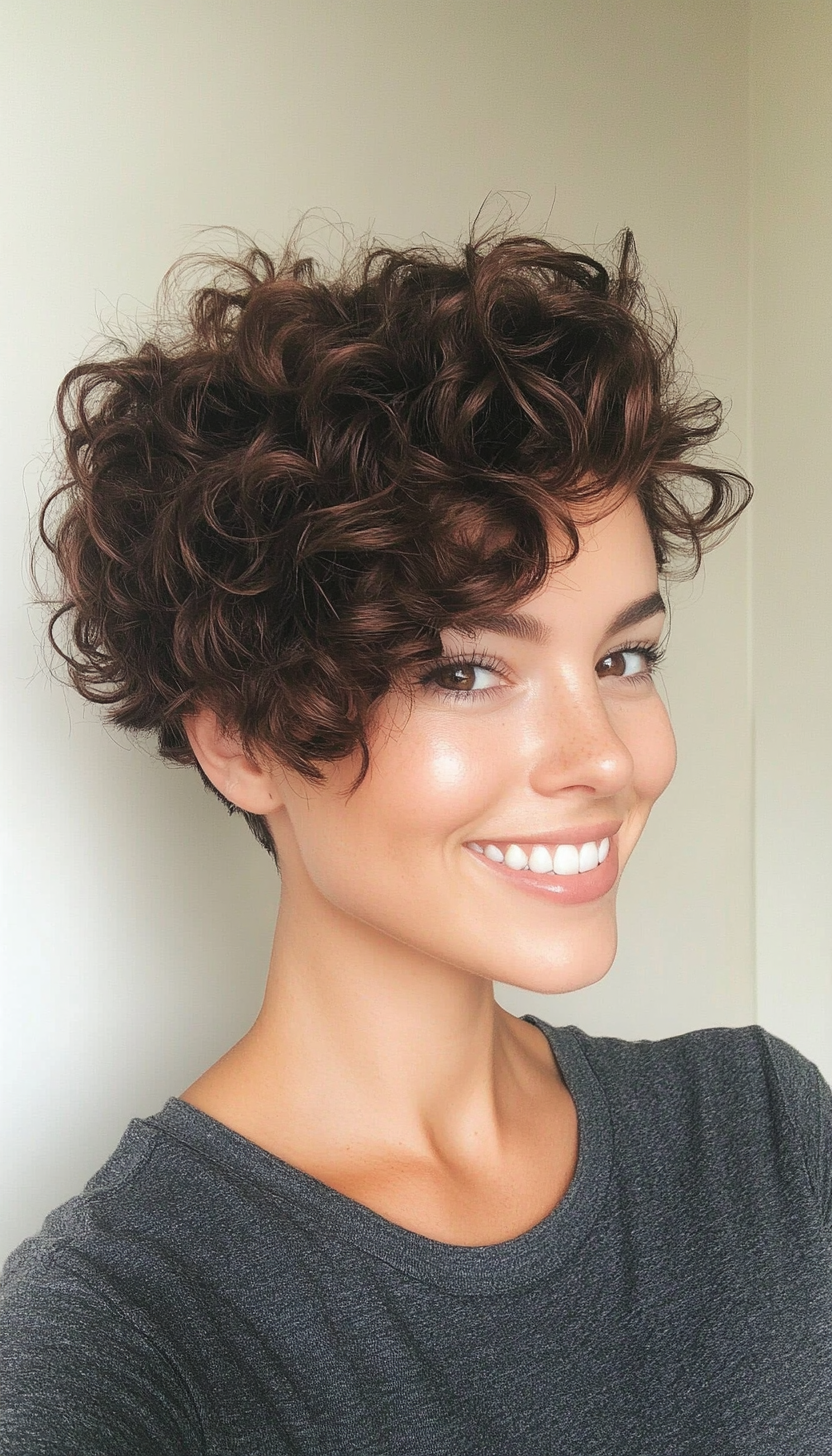 14. Curly Pixie with Side Part in Dark Mahogany (Pixie Hairstyles For Curly Hair) - Pixie Hairstyles For Curly Hair