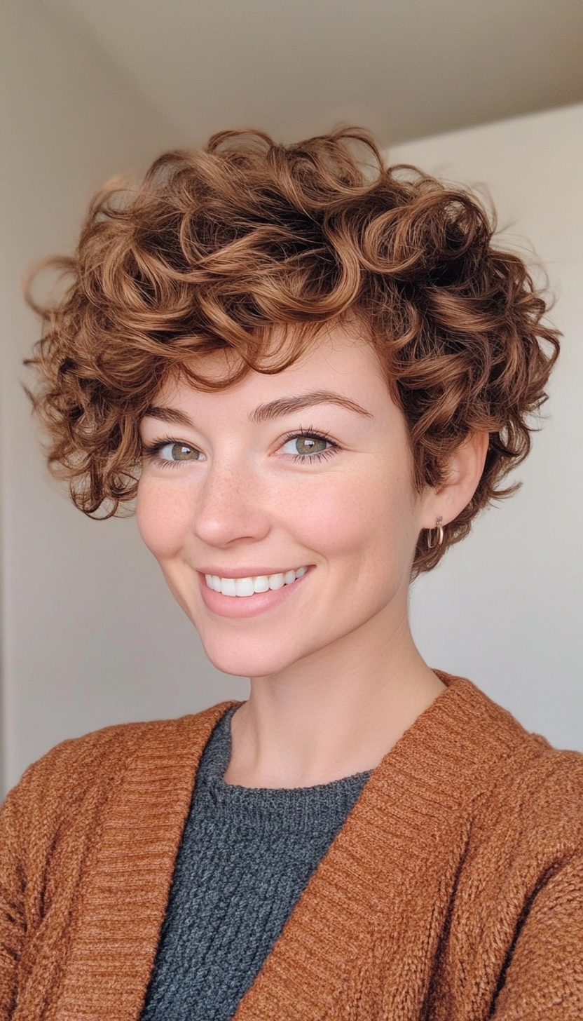 15. Tousled Curly Pixie in Warm Chestnut (Pixie Hairstyles For Curly Hair) - Pixie Hairstyles For Curly Hair