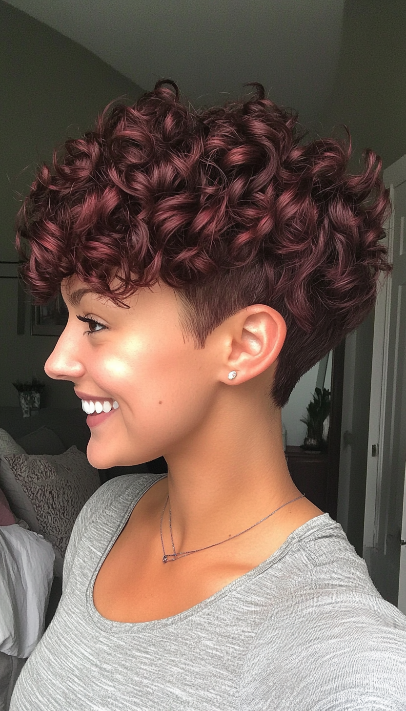 16. Curly Pixie with Tapered Sides in Deep Burgundy (Pixie Hairstyles For Curly Hair) - Pixie Hairstyles For Curly Hair