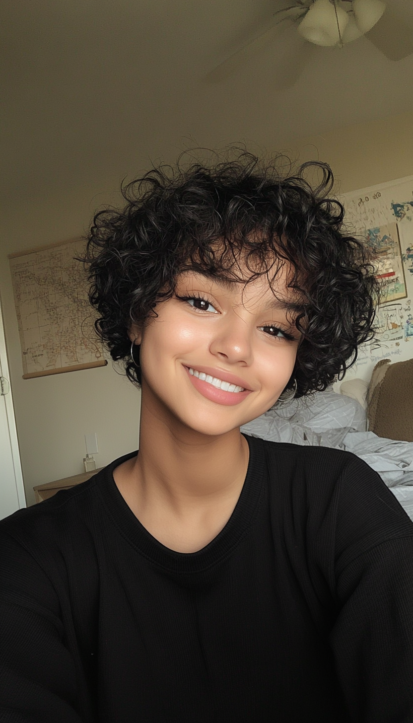 17. Curly Pixie with Baby Bangs in Soft Black (Pixie Hairstyles For Curly Hair) - Pixie Hairstyles For Curly Hair