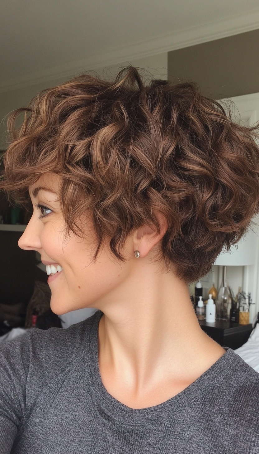18. Curly Pixie with Layered Crown in Medium Brown (Pixie Hairstyles For Curly Hair) - Pixie Hairstyles For Curly Hair