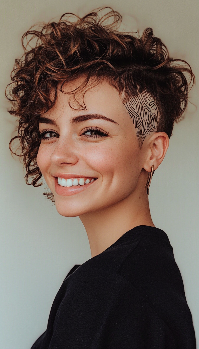 19. Curly Pixie with Shaved Design in Natural Brunette (Pixie Hairstyles For Curly Hair) - Pixie Hairstyles For Curly Hair