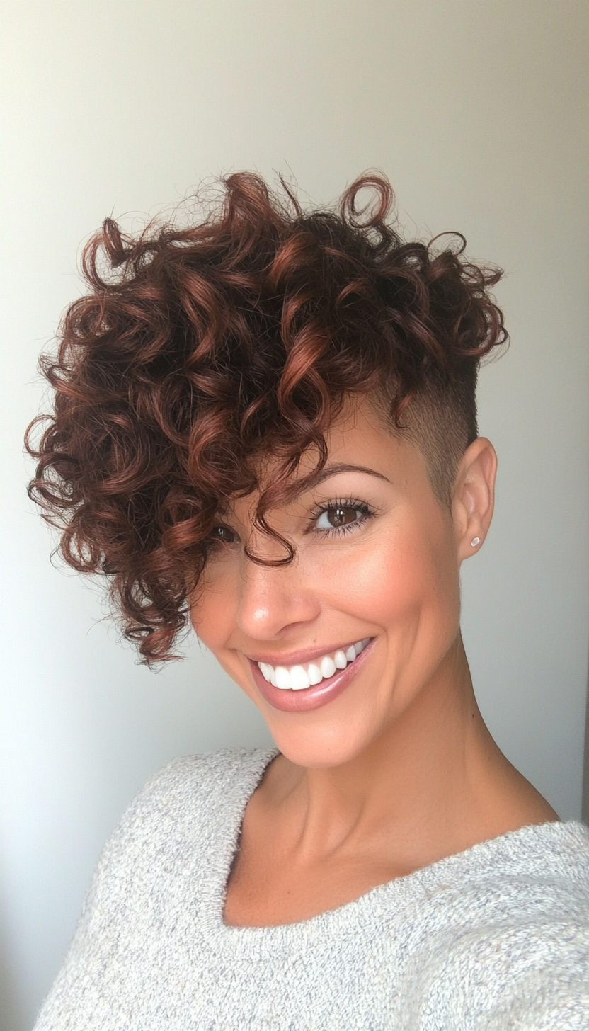 20. Curly Pixie with Long Fringe in Dark Auburn (Pixie Hairstyles For Curly Hair) - Pixie Hairstyles For Curly Hair