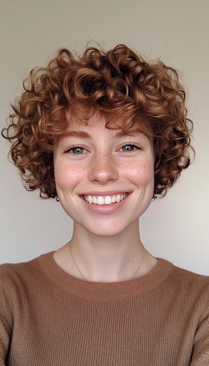 21. Curly Pixie with Subtle Layers in Light Chestnut (Pixie Hairstyles For Curly Hair) - Pixie Hairstyles For Curly Hair