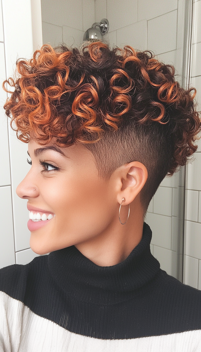 23. Curly Pixie with Undercut and Copper Highlights (Pixie Hairstyles For Curly Hair) - Pixie Hairstyles For Curly Hair