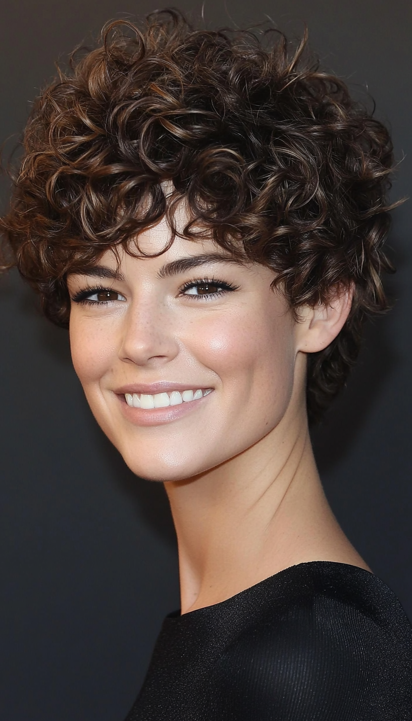 24. Curly Pixie with Voluminous Top in Dark Brown (Pixie Hairstyles For Curly Hair) - Pixie Hairstyles For Curly Hair