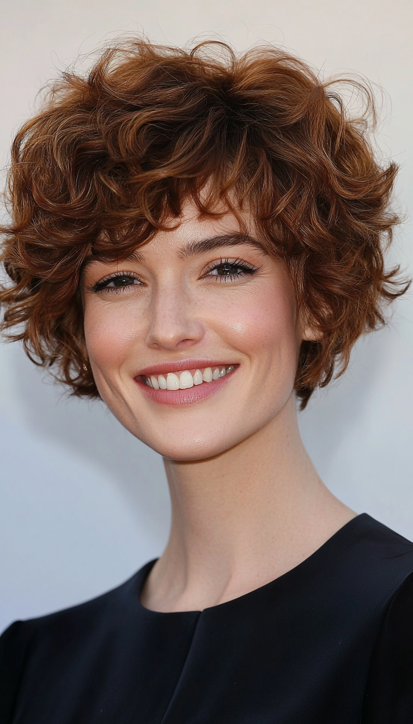 26. Curly Pixie with Angled Bangs in Reddish Brown (Pixie Hairstyles For Curly Hair) - Pixie Hairstyles For Curly Hair