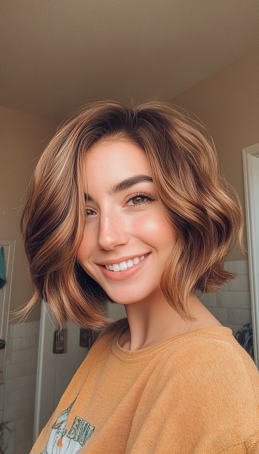 4. Rounded Bob in Warm Honey Brunette (Haircuts For Fluffy Hair) - Haircuts For Fluffy Hair