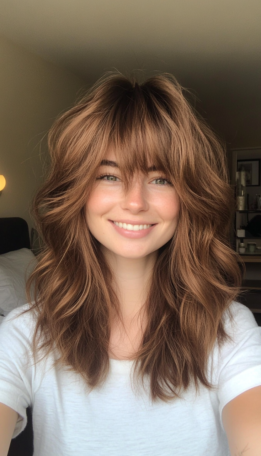 11. Curtain Bangs with Soft Walnut Brown (Haircuts For Fluffy Hair) - Haircuts For Fluffy Hair