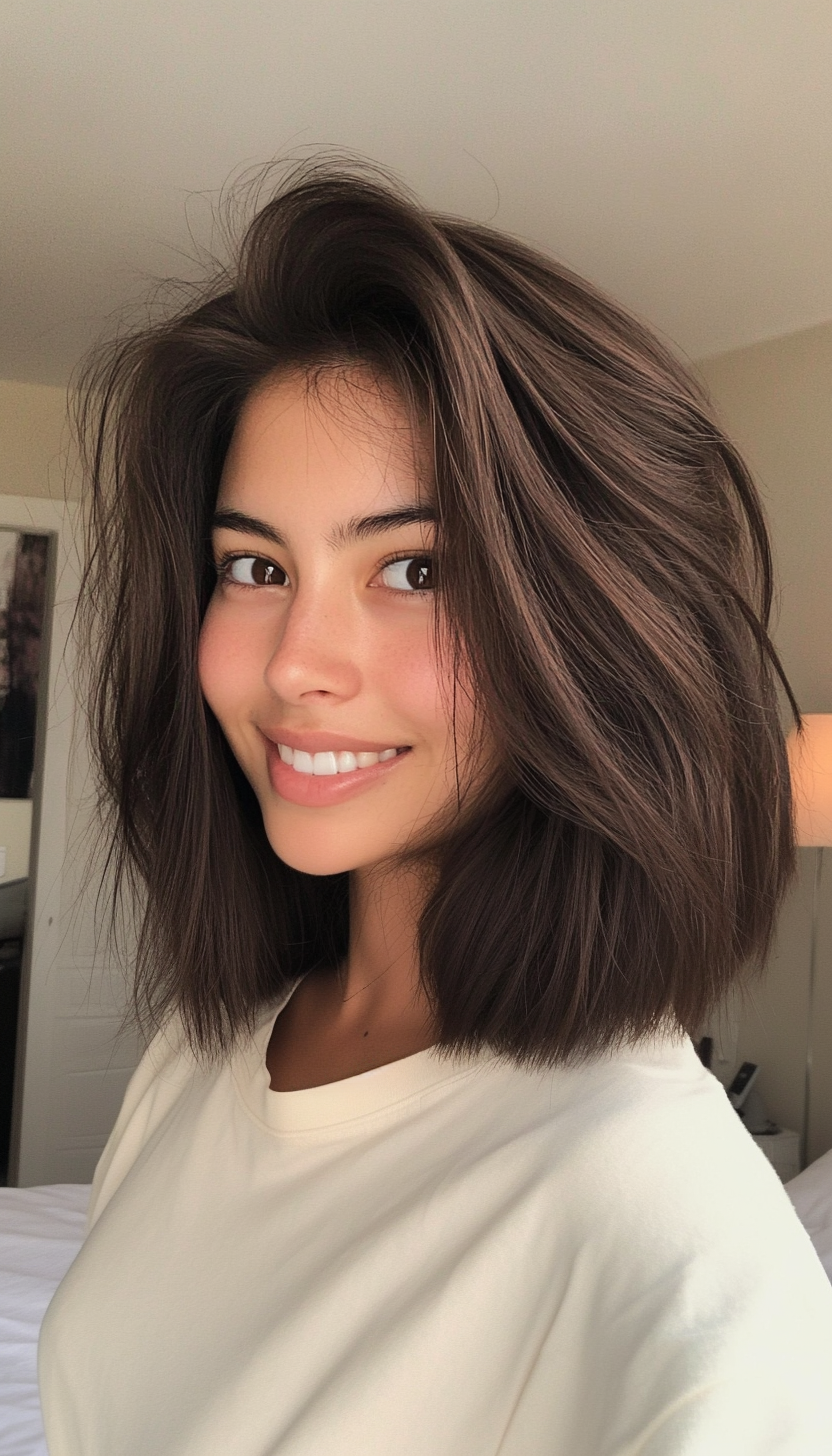 18. Sleek Shoulder-Length Cut in Dark Chestnut (Haircuts For Fluffy Hair) - Haircuts For Fluffy Hair