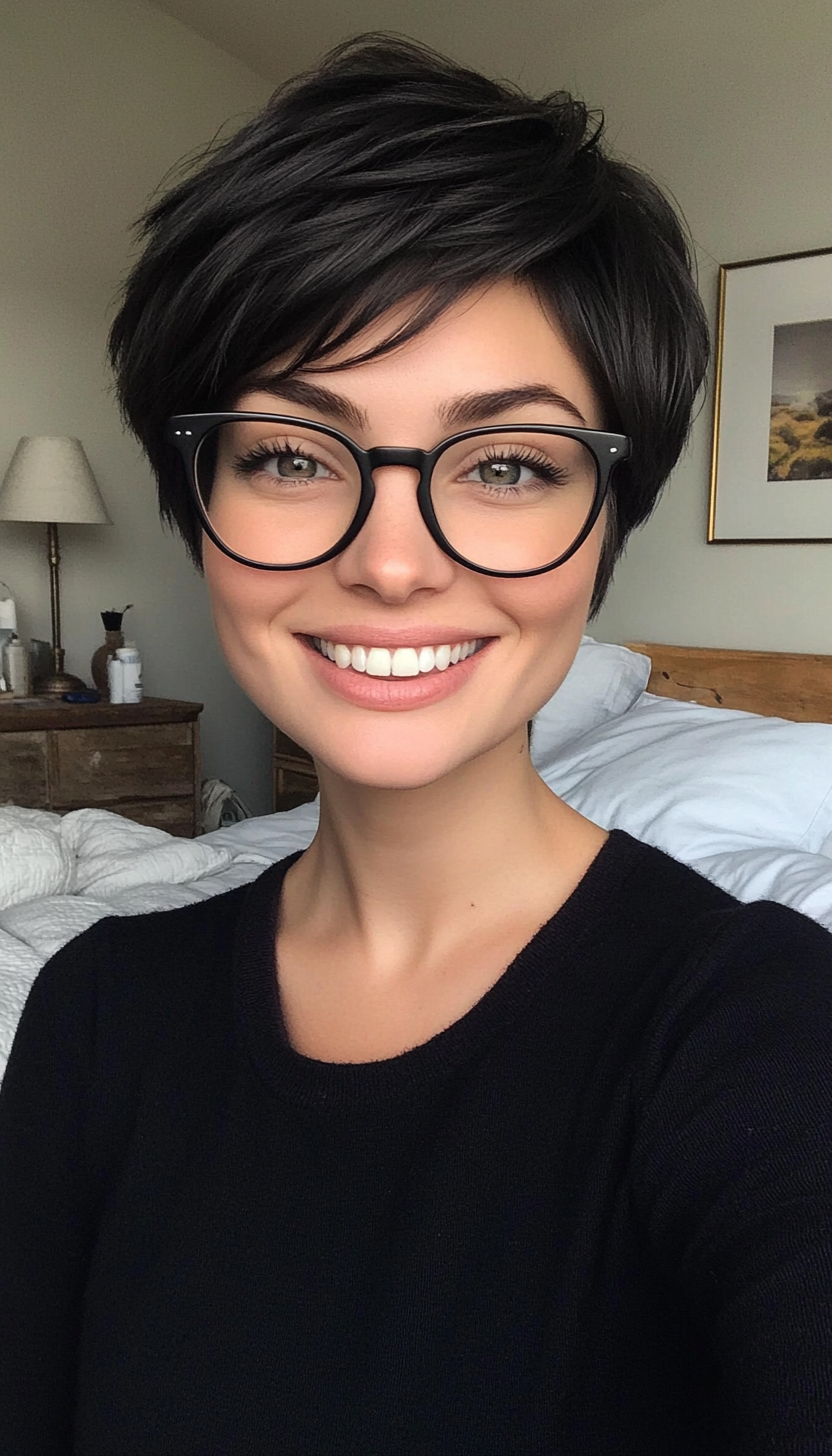 4. Textured Pixie in Soft Black (Haircuts With Glasses) - Haircuts With Glasses