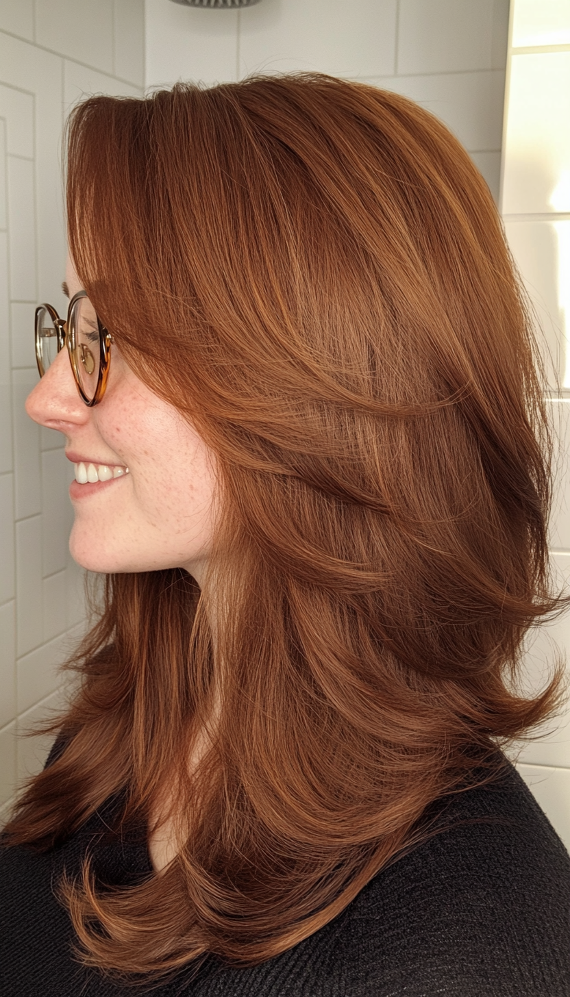 5. Wispy Curtain Bangs with a Long Shag in Dark Auburn (Haircuts With Glasses) - Haircuts With Glasses