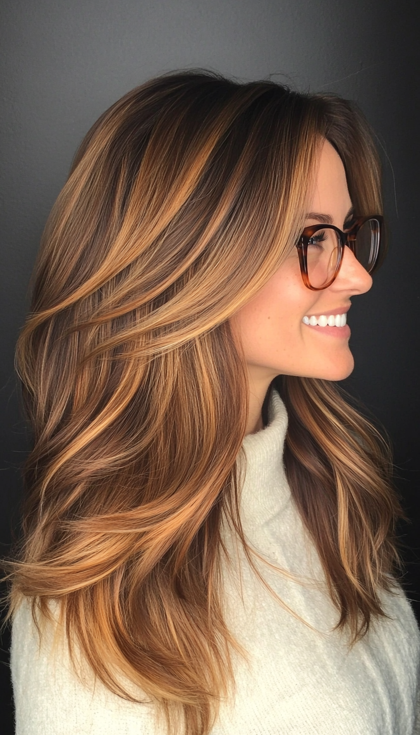 7. Long Layers with Face-Framing Highlights in Honey Brown (Haircuts With Glasses) - Haircuts With Glasses