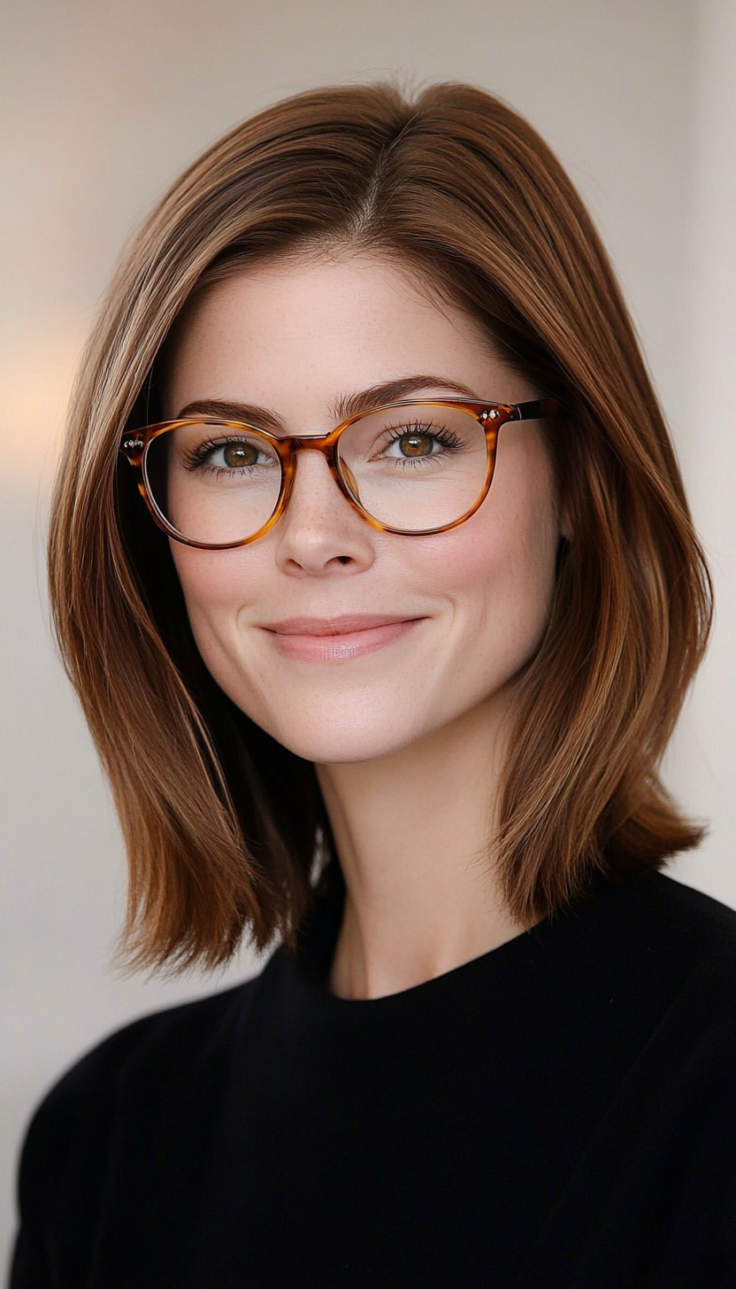 8. Classic Lob in Warm Hazelnut (Haircuts With Glasses) - Haircuts With Glasses