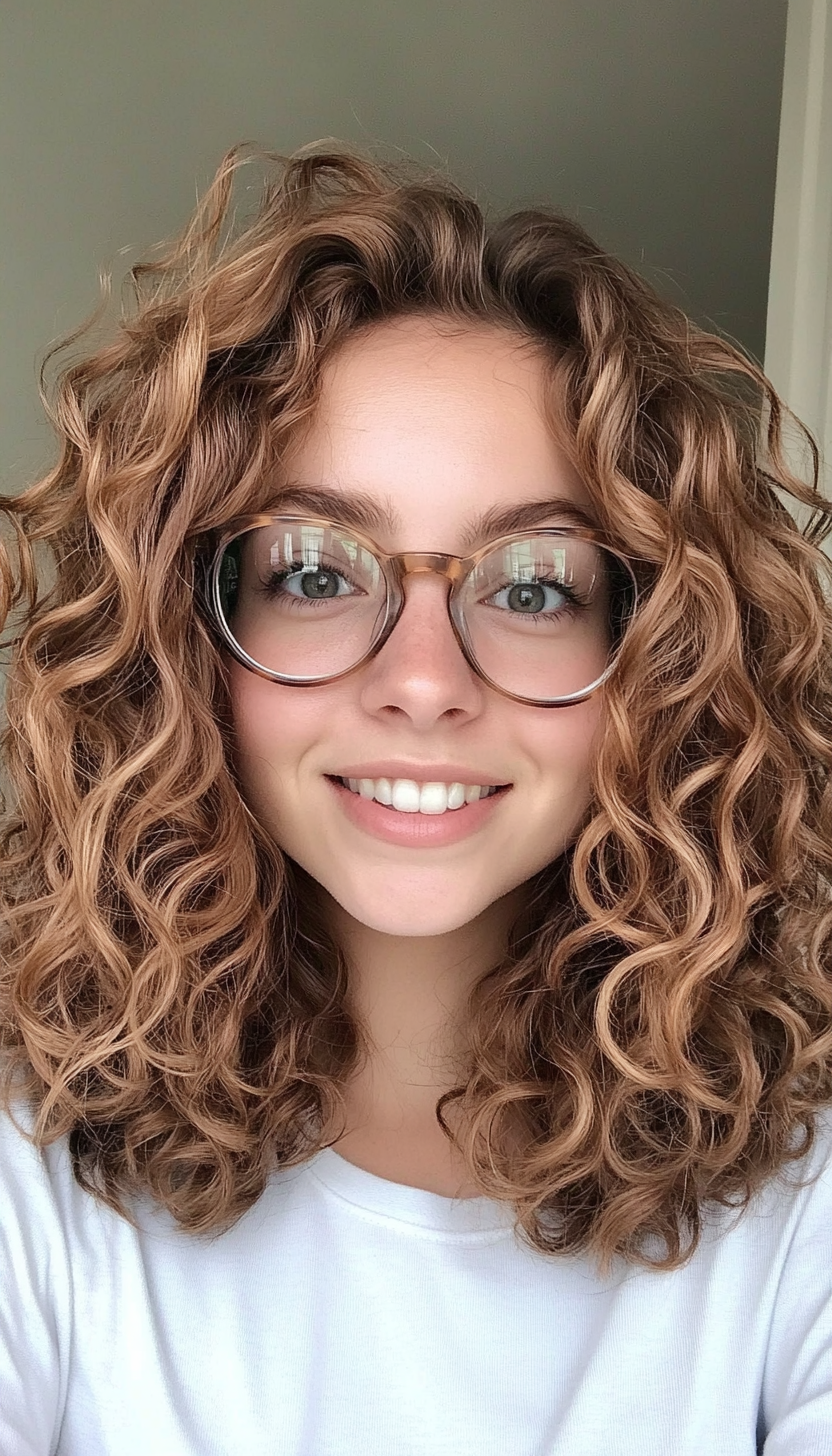 9. Curly Shoulder-Length Layers in Golden Brown (Haircuts With Glasses) - Haircuts With Glasses