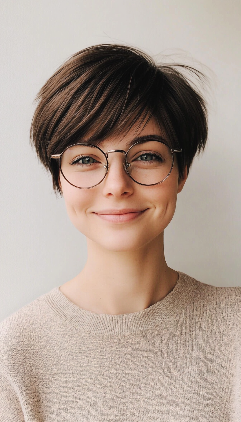 10. Tapered Pixie with Side-Swept Bangs in Dark Mocha (Haircuts With Glasses) - Haircuts With Glasses