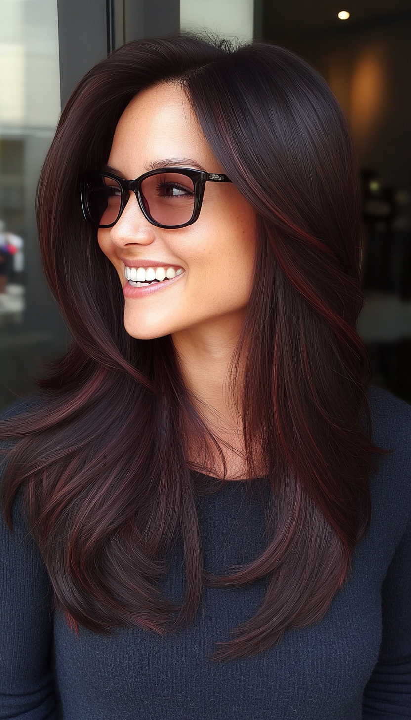 14. Sleek Long Layers in Dark Mahogany (Haircuts With Glasses) - Haircuts With Glasses