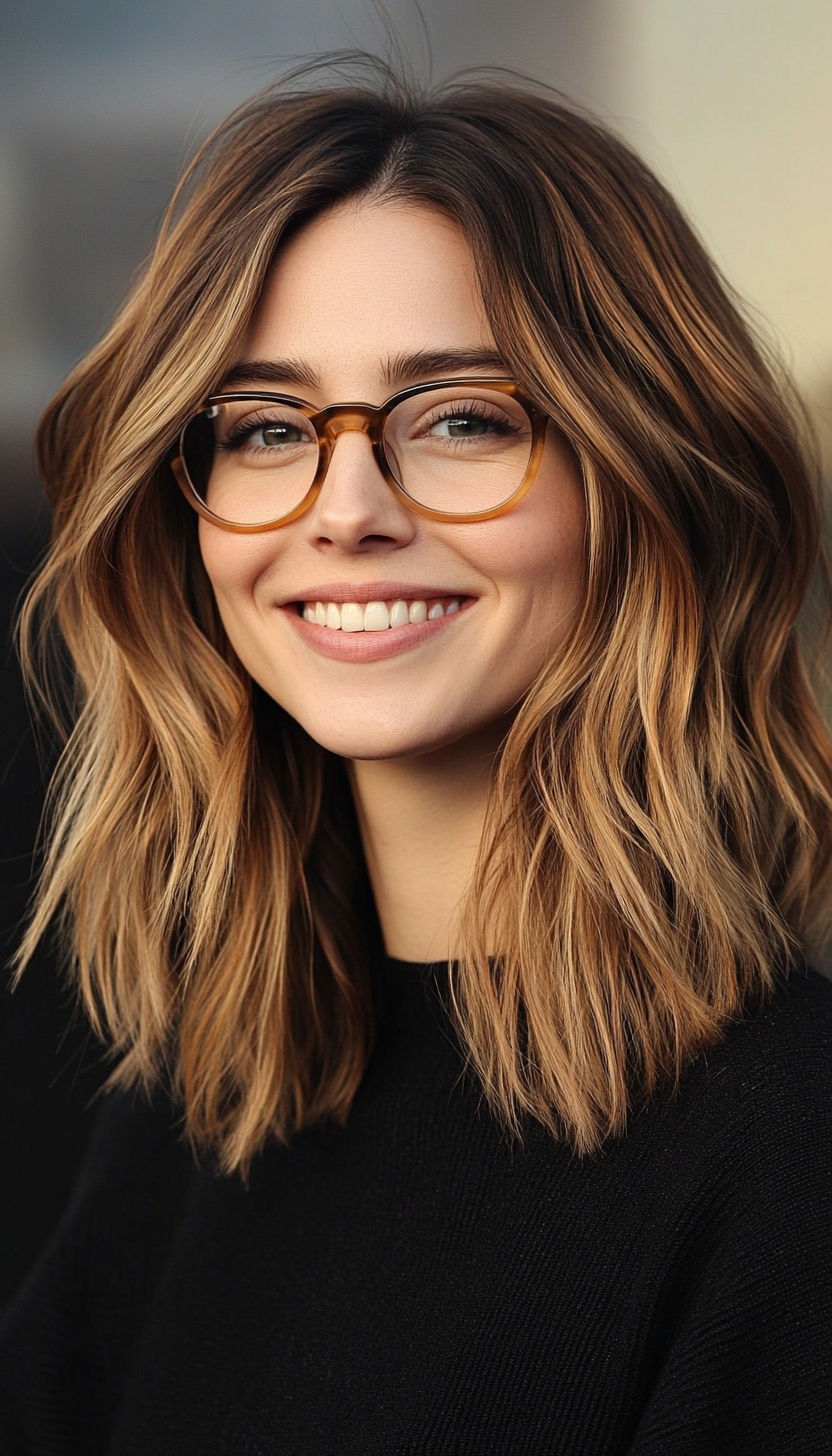 15. Modern Shag in Light Brown with Caramel Balayage (Haircuts With Glasses) - Haircuts With Glasses