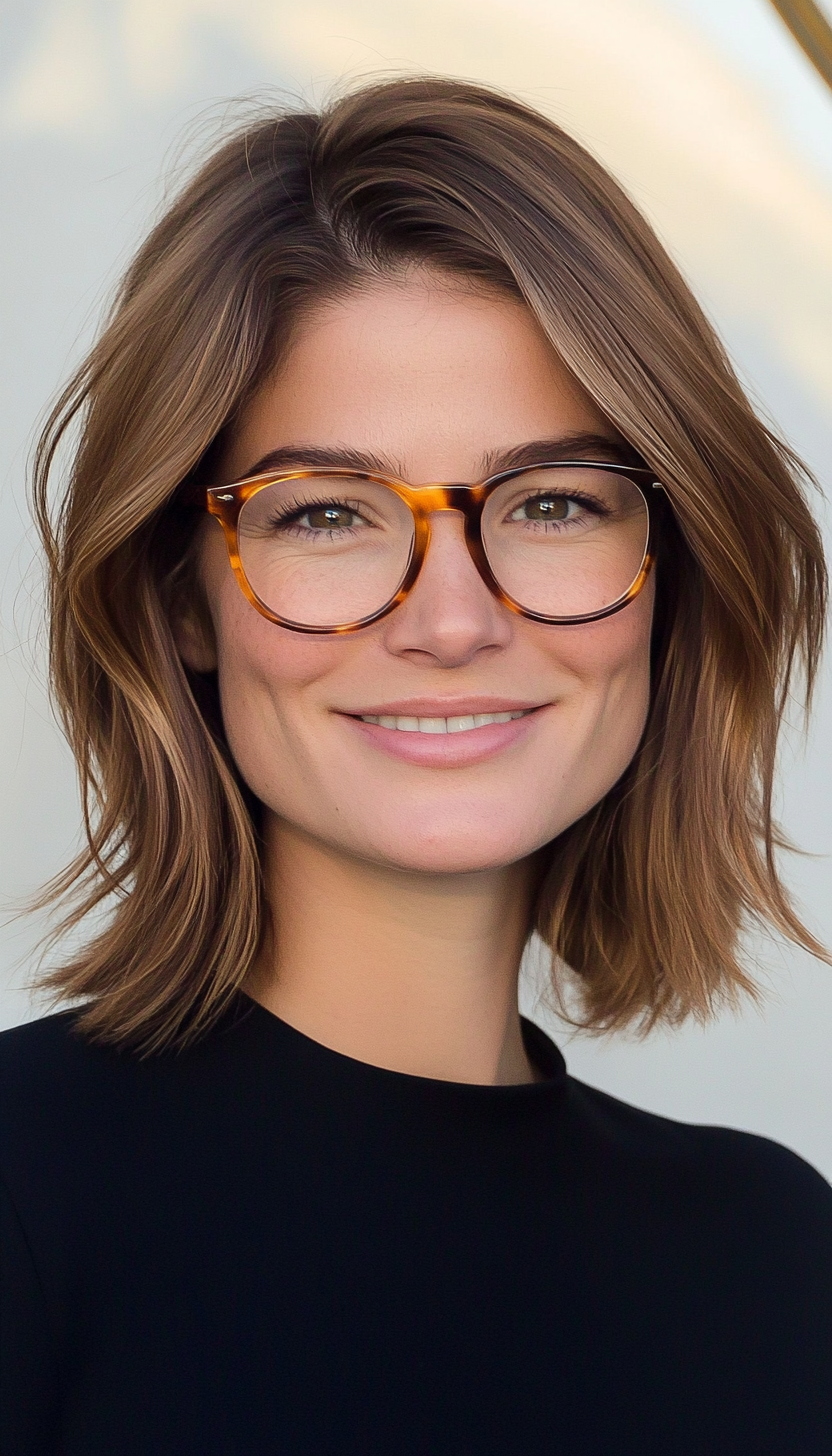 17. Shoulder-Length Blunt Cut with Soft Highlights in Warm Chestnut (Haircuts With Glasses) - Haircuts With Glasses