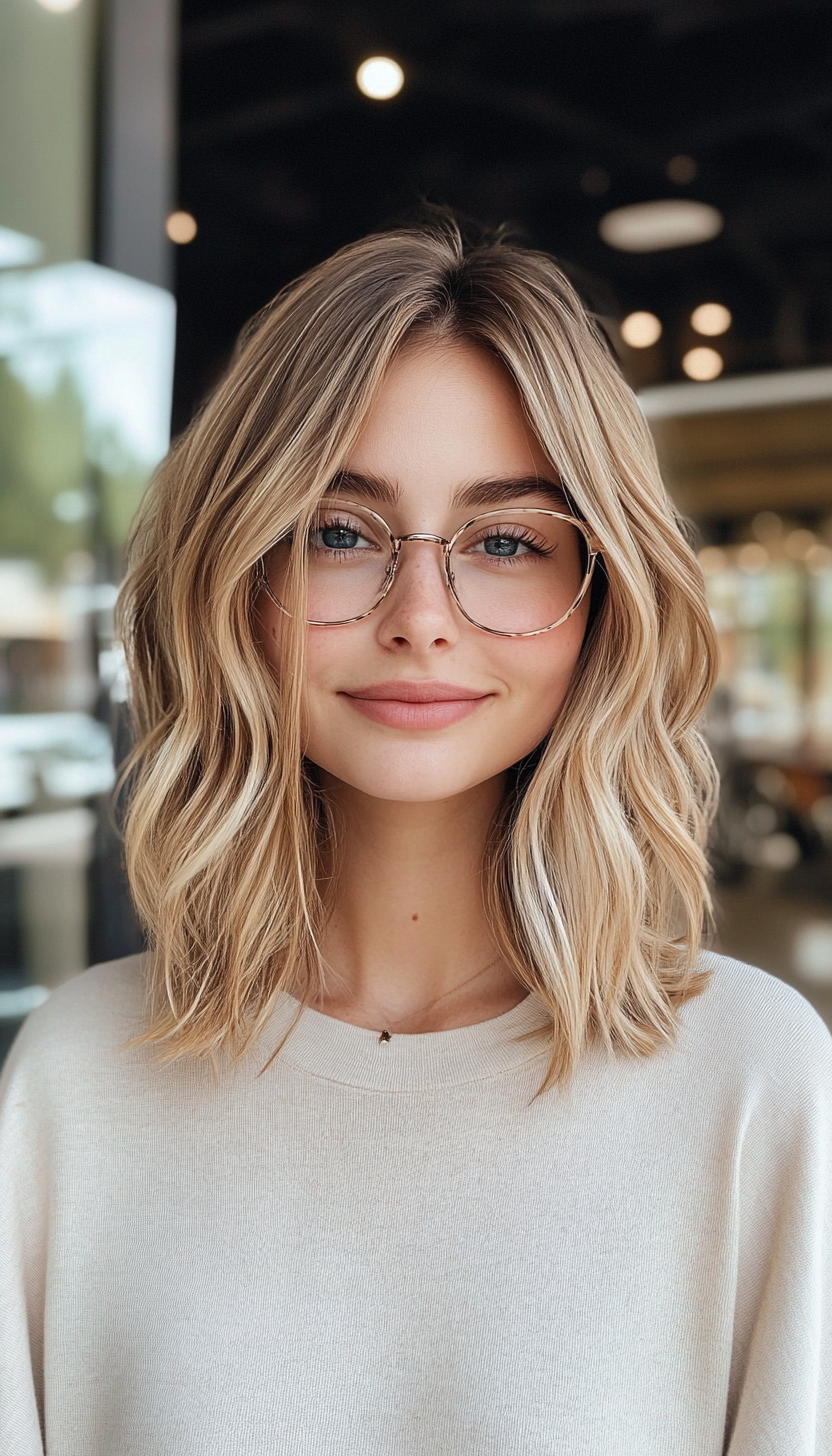 19. Tousled Long Bob in Natural Dark Blonde (Haircuts With Glasses) - Haircuts With Glasses