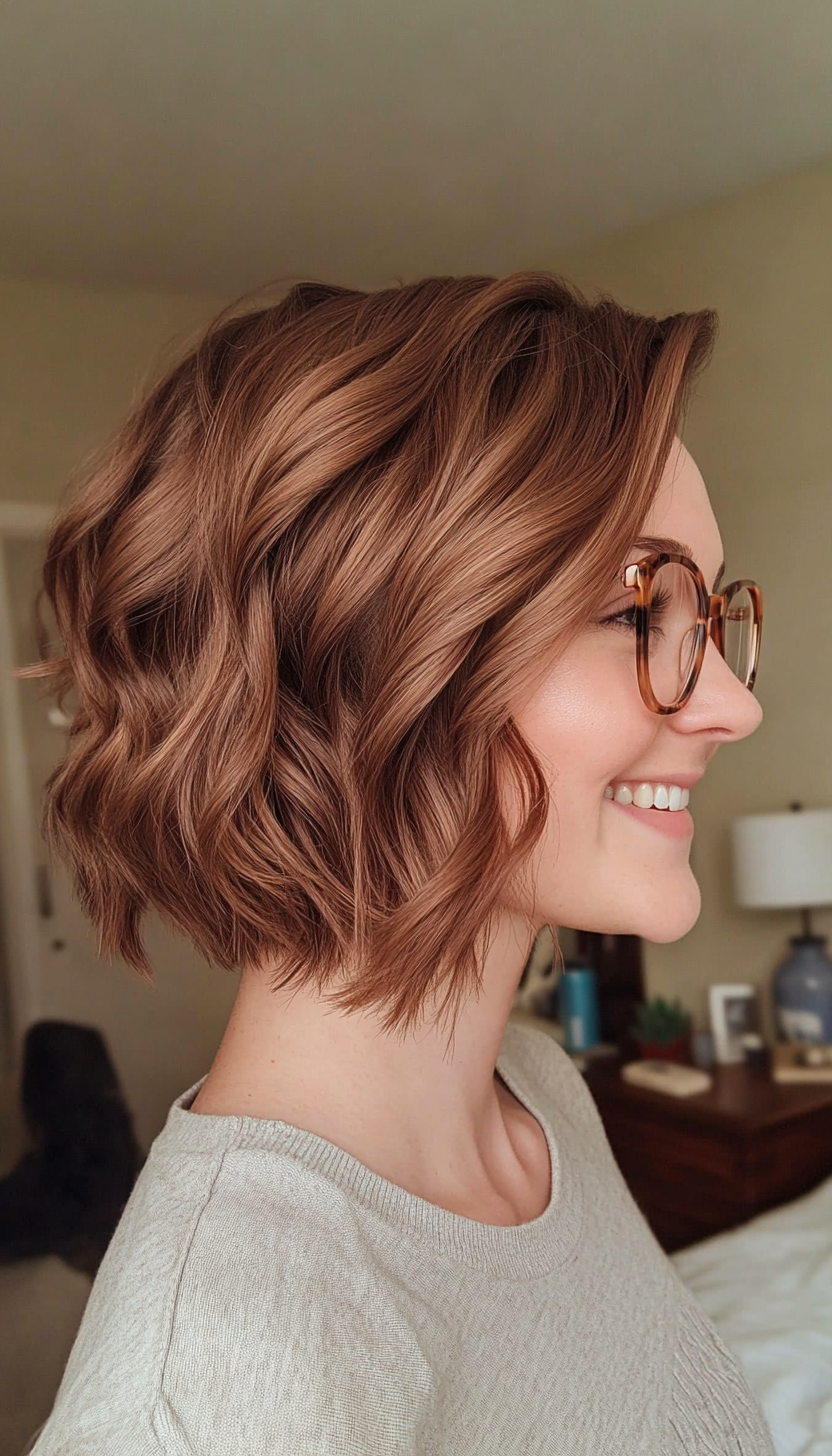 21. Wavy Chin-Length Bob in Warm Cinnamon Brown (Haircuts With Glasses) - Haircuts With Glasses