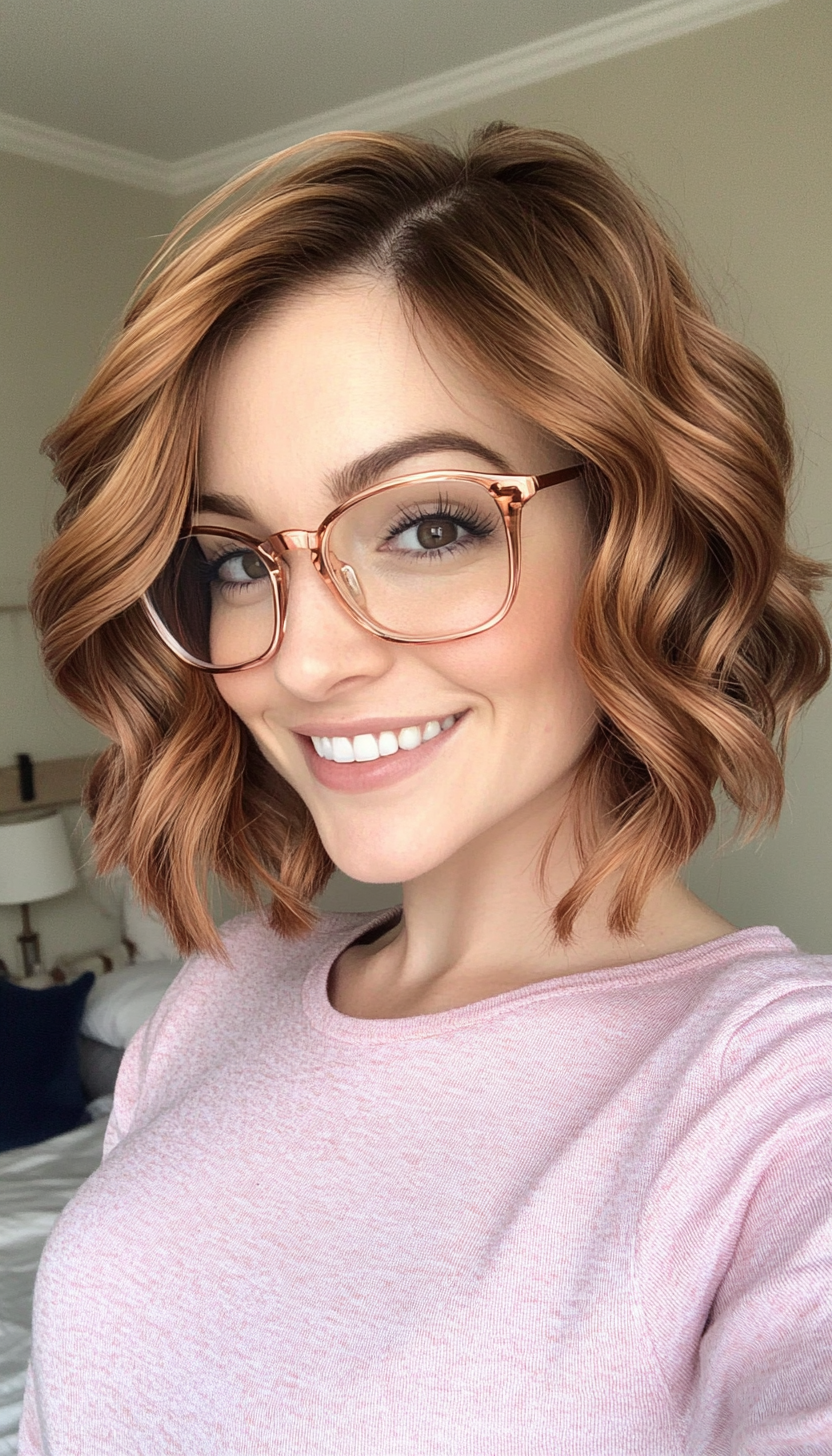 25. Side-Parted Wavy Lob in Golden Auburn (Haircuts With Glasses) - Haircuts With Glasses
