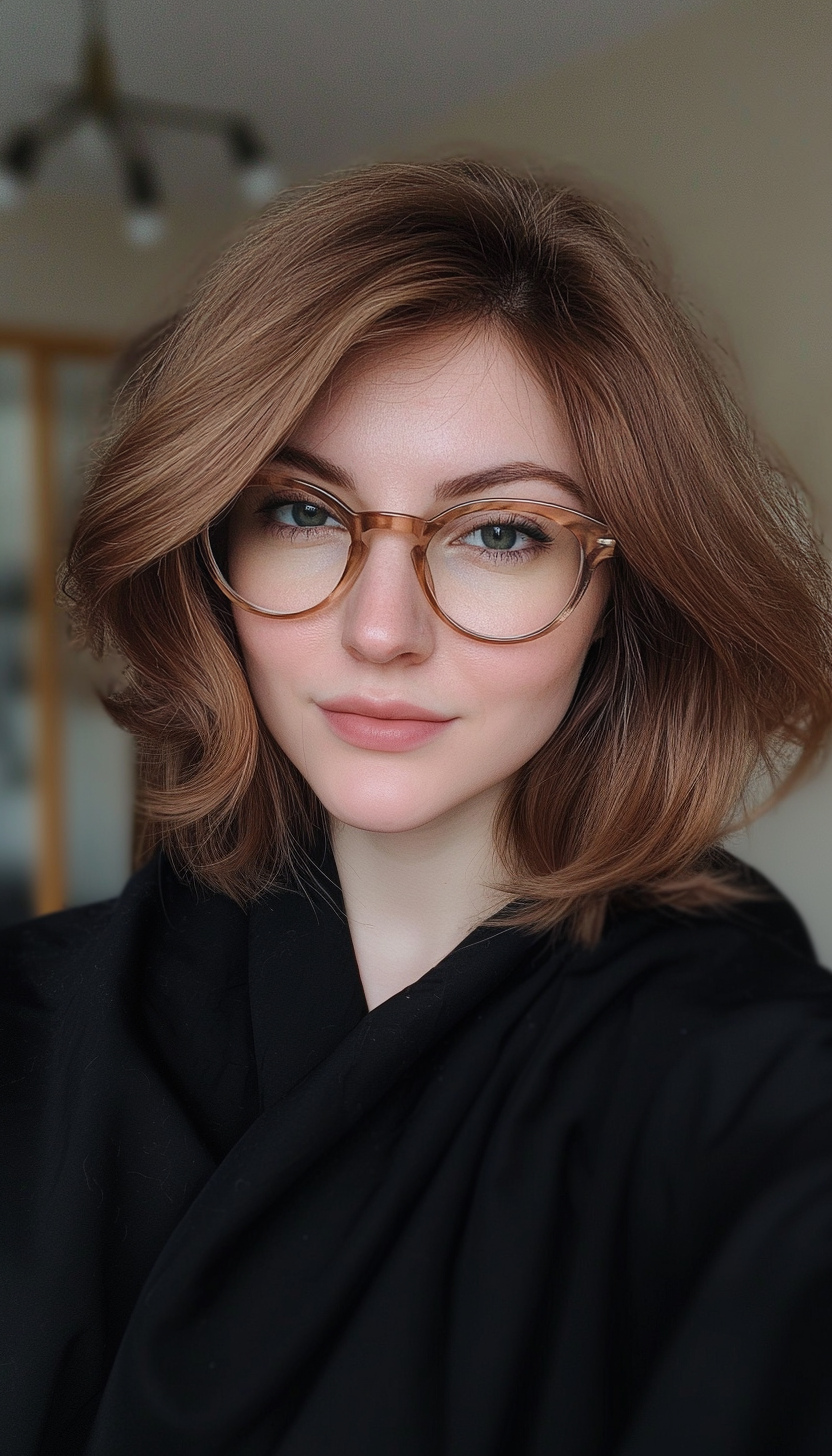 26. Feathered Layered Cut in Light Chestnut (Haircuts With Glasses) - Haircuts With Glasses