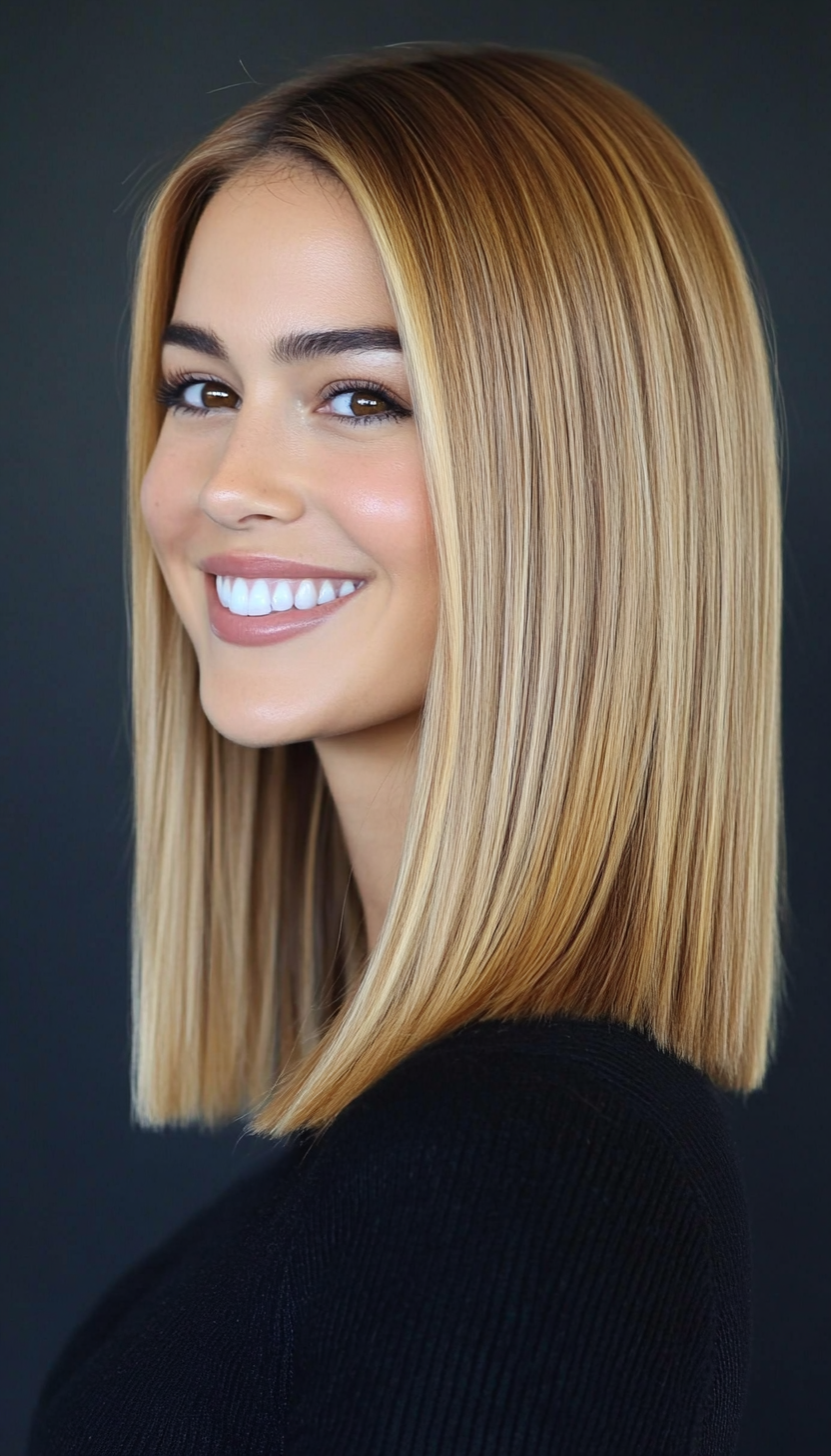 2. Golden Honey Sleek Lob (Straight Blonde Hairstyles) - Straight Blonde Hairstyles