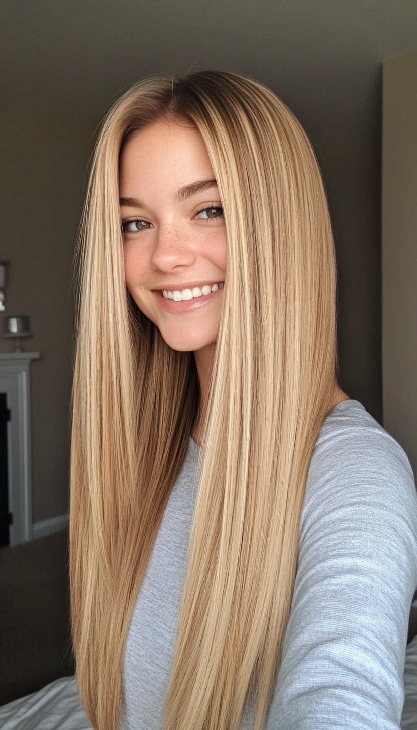 16. Golden Beige Straight Layers (Straight Blonde Hairstyles) - Straight Blonde Hairstyles