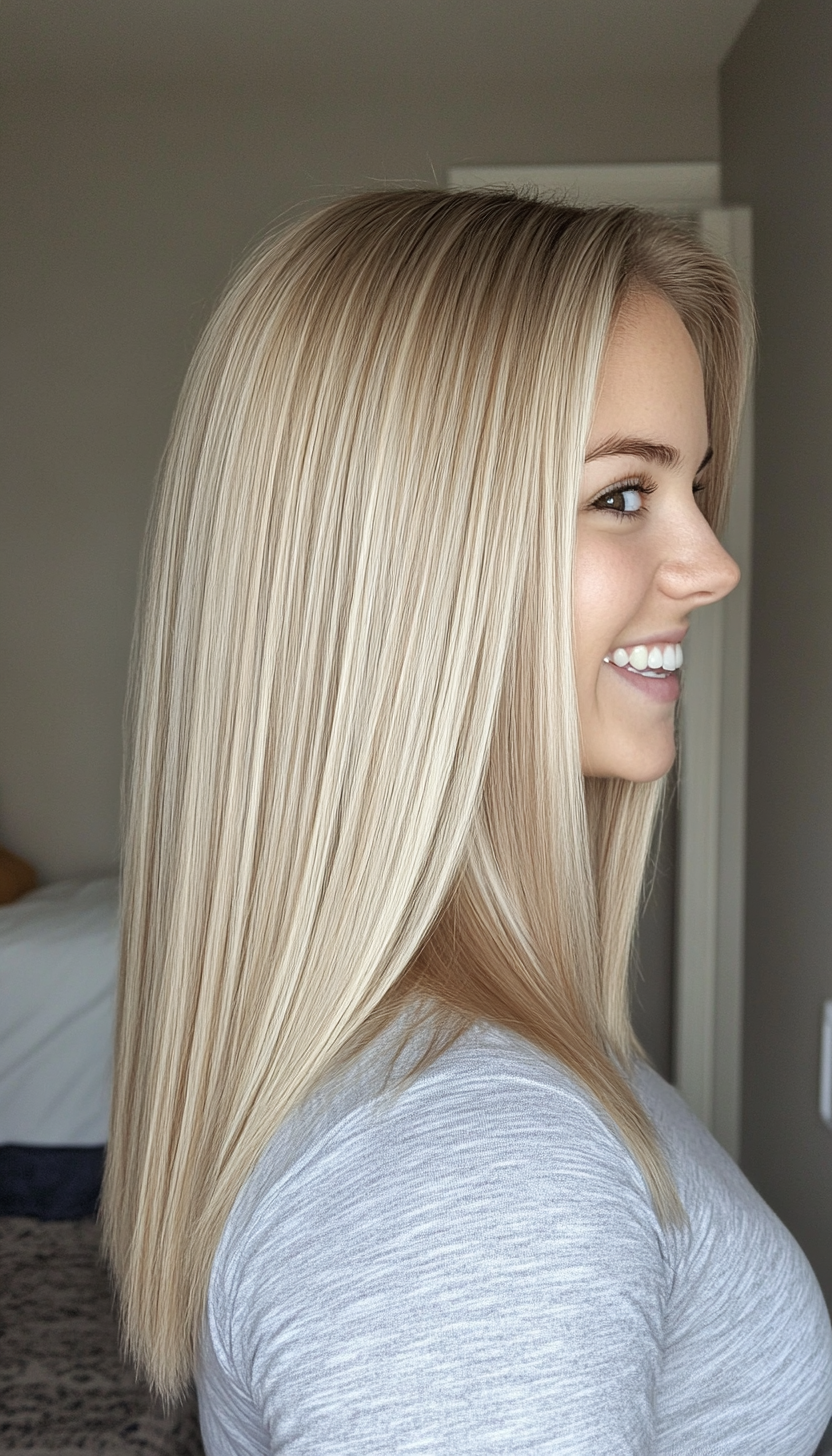 17. Champagne Ice Blonde One-Length Style (Straight Blonde Hairstyles) - Straight Blonde Hairstyles