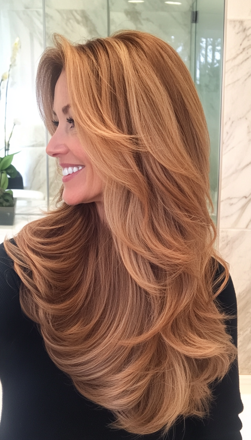 1. Classic Layered Waves with Warm Chestnut (Long Hairstyles For Women Over 50) - Long Hairstyles For Women Over 50